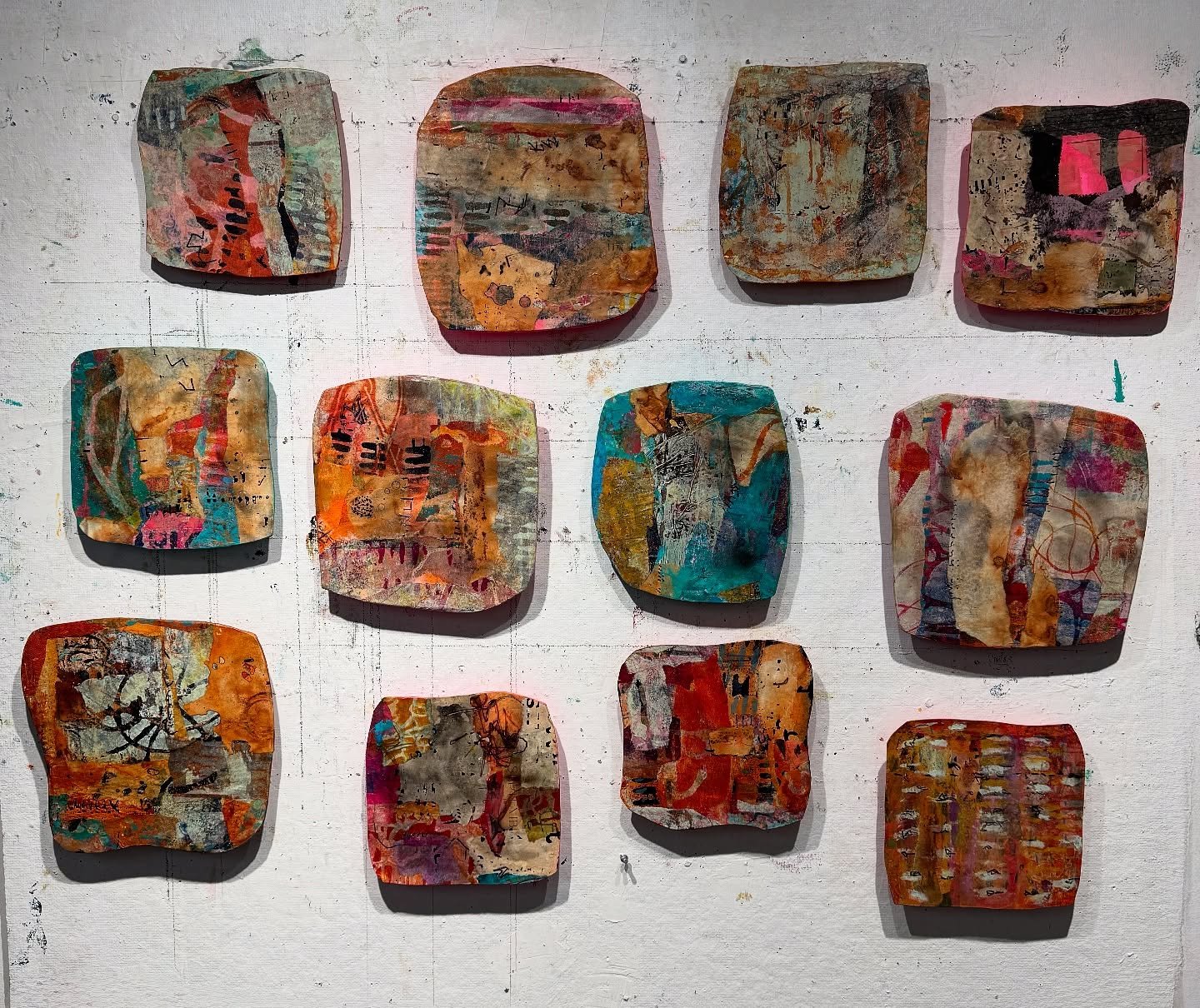Hanging out to be photographed. Now it&rsquo;s time for series name and titles. Fragments of Memory, The Shape of Forgetting and I have more.
Tough doing titles 

There are around 12x12&rdquo; to 8x8&rdquo; acrylic, paper, thread on cardboard, mounte