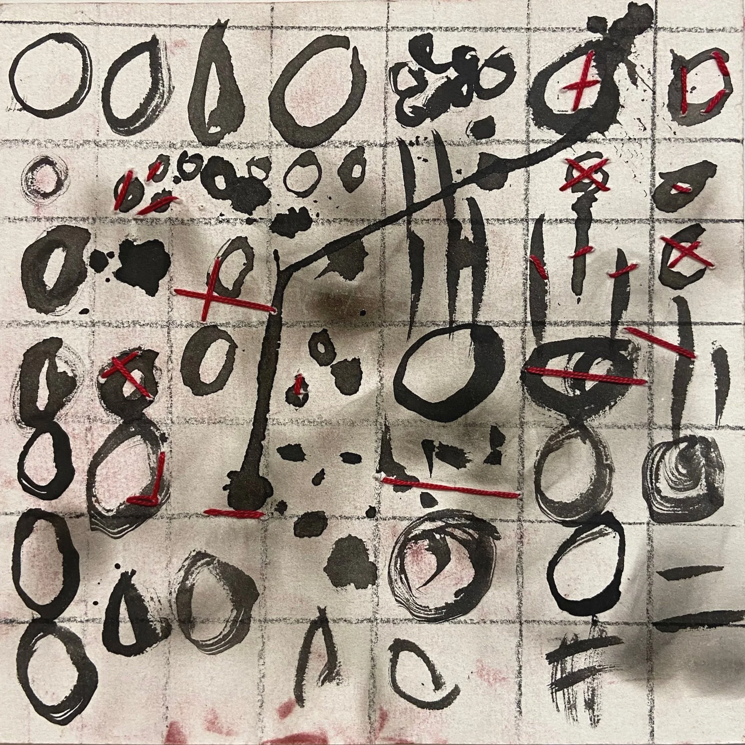 #23 - 8" x 8" - 
Mixed media, oil paint, thread on paper
