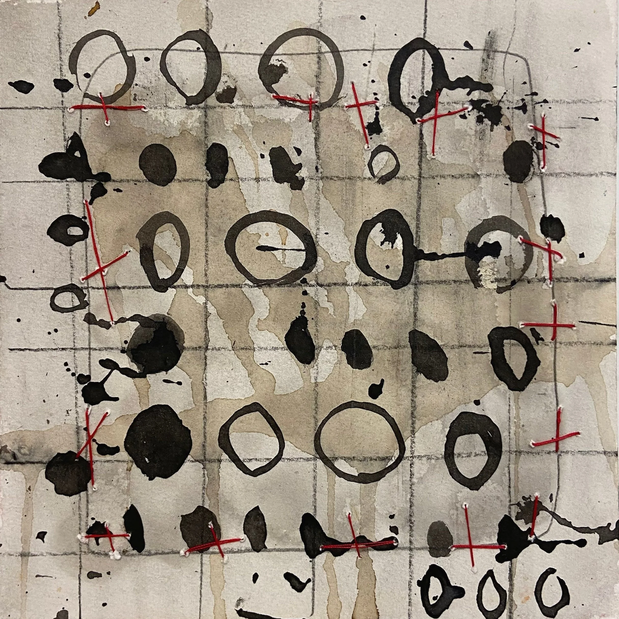 #22 - 8" x 8" - 
Mixed media, oil paint, thread on paper