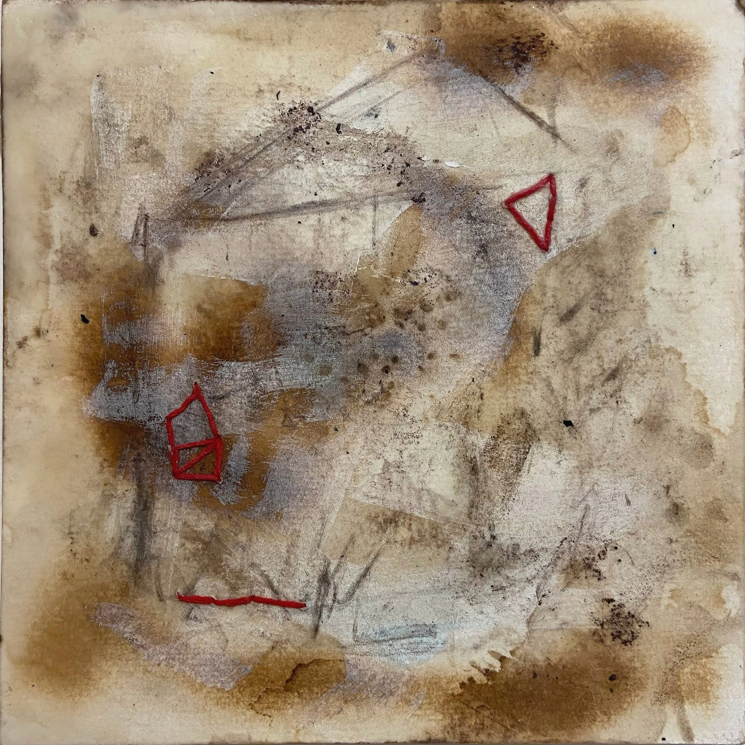 # 9 - 8" x 8" - 
Mixed media, oil paint, thread on paper