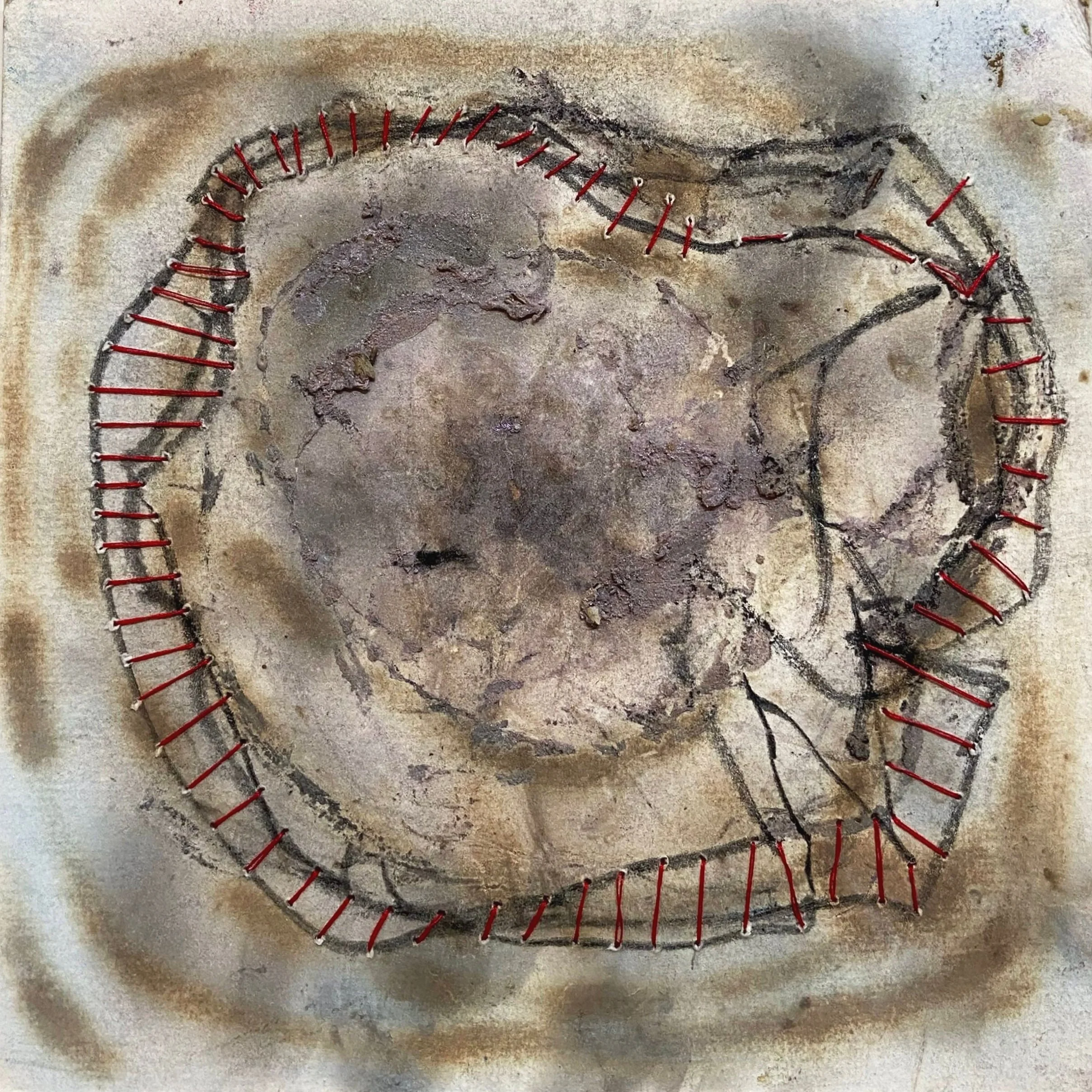Labyrinth - 8" x 8" - 
Mixed media, oil paint, thread on paper