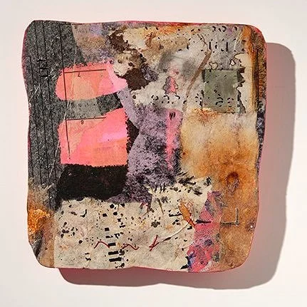 Return Message - 8" x 7.5" - 
Acrylic, thread, smoke, Letraset on cardboard mounted on panel