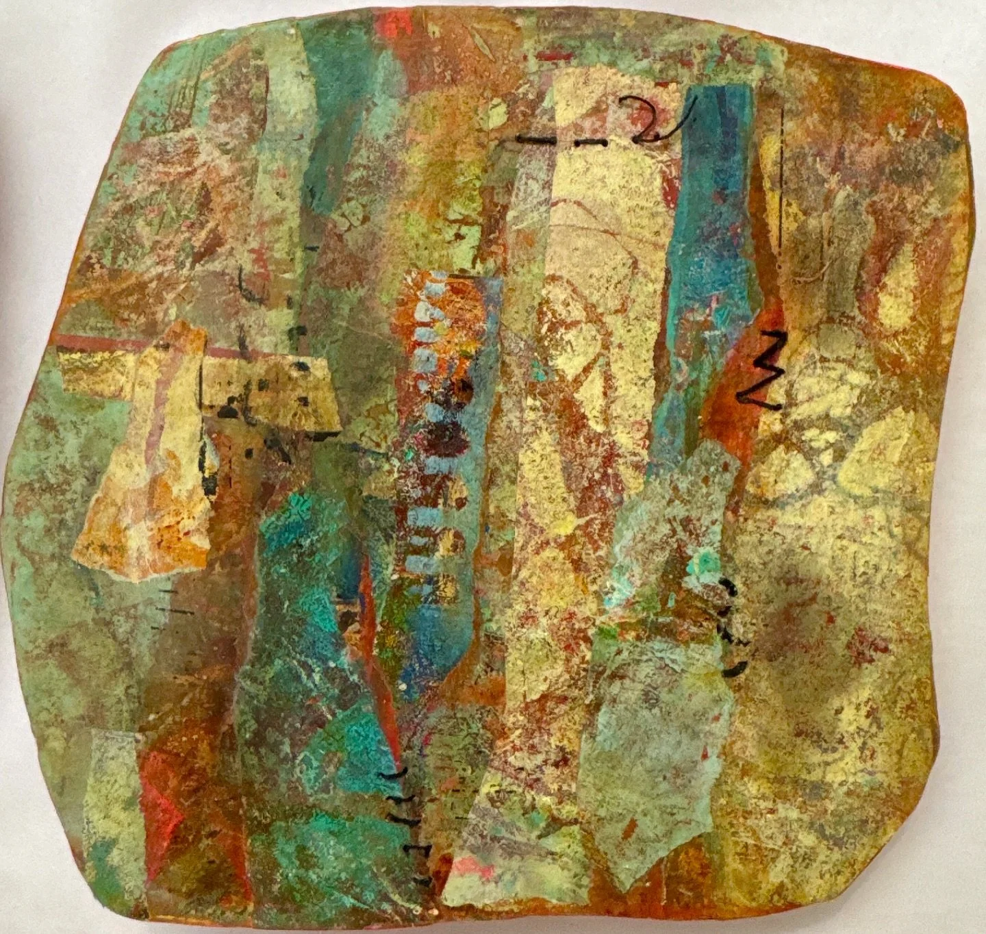 ✨ Strata Held ✨
7.5 x 8.5 inches
Acrylic, thread, Letraset on cardboard mounted on panel

Layers stitched, scraped, and pressed into place&mdash;holding fragments of time and texture together.

⸻

Hashtags (with your preferred set included):
#abstrac