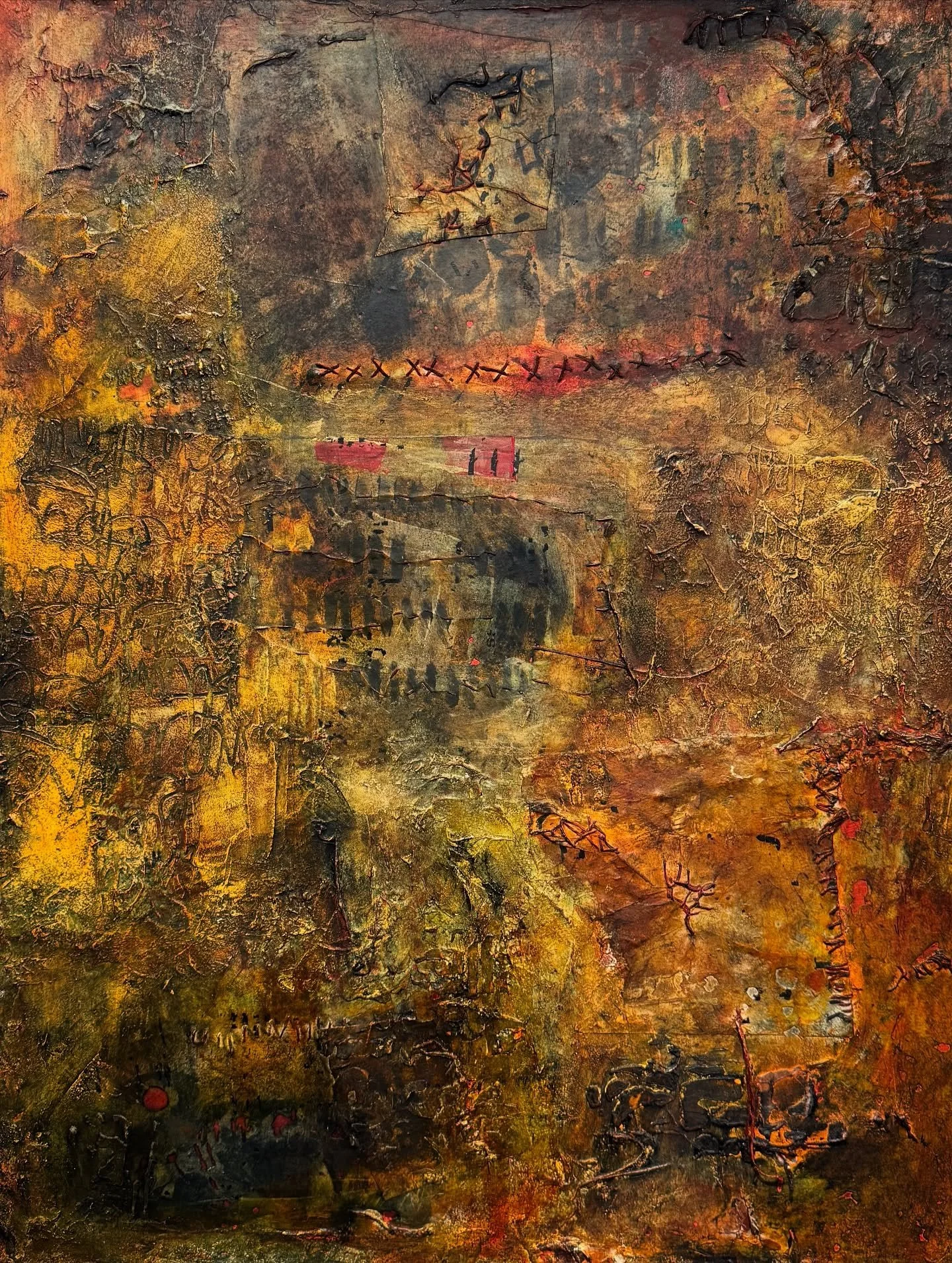 From What Remains
30x24 inches &bull; acrylic, collage, thread, oil on panel &bull; 2024

Layers stitched, burned, and rebuilt &mdash; what&rsquo;s left holds its own history.

#abstractart #contemporaryart #mixedmedia #paintingprocess #modernart #ar
