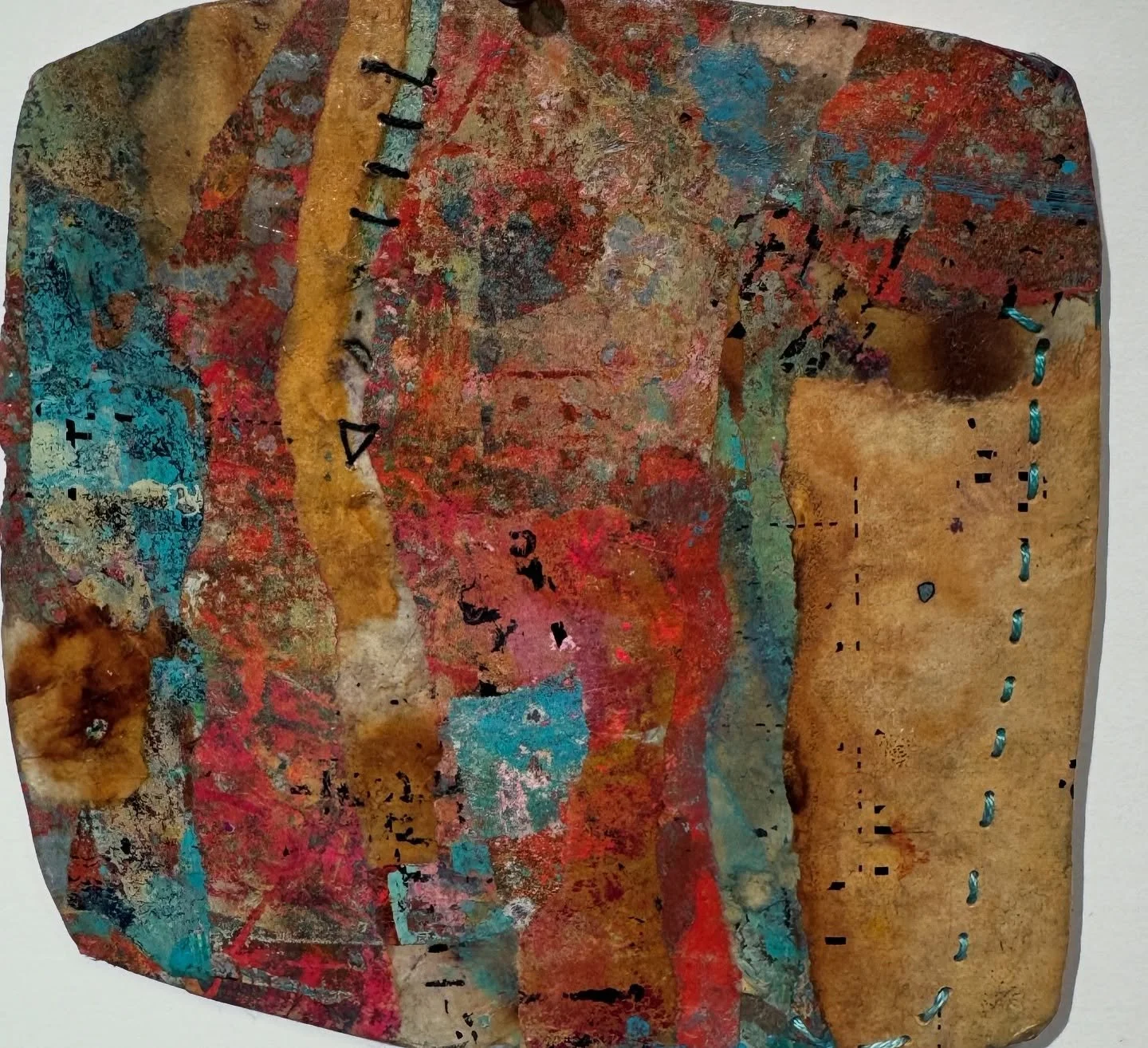 Part of my Shape of Memory series &mdash; this piece is still unmounted, but I love catching it at this stage, raw and breathing. The stitched lines and layered, burned surface feel to me lije fragments of a manuscript unearthed. These works carry th