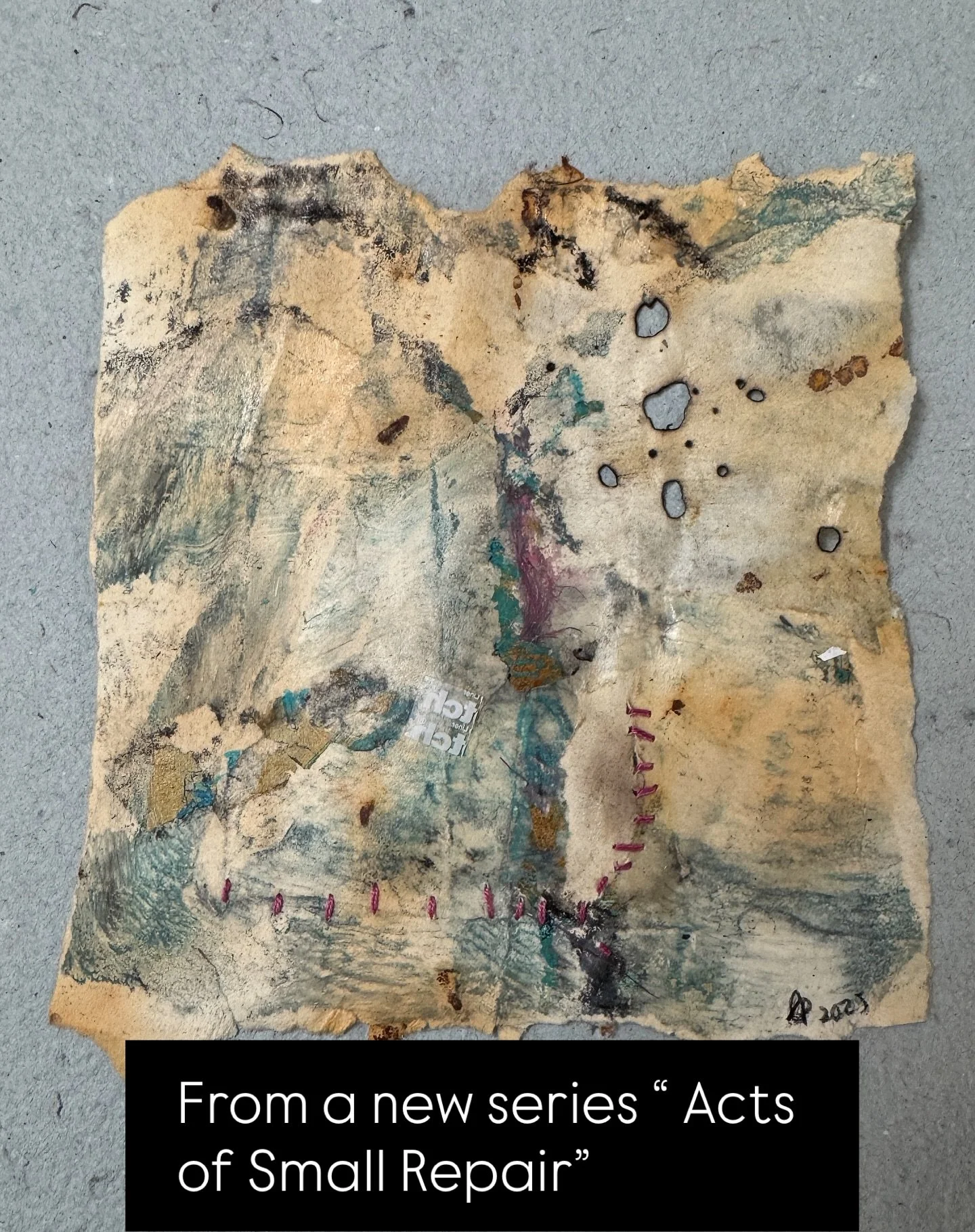 Folded Trace
From the new series, Acts of Small Repair.
Burned, torn, and stitched &mdash; a fragment that holds both loss and renewal. The surface remembers touch, the thread becomes a small act of care.

Mixed media on paper, mounted on 12 x 9 in. 