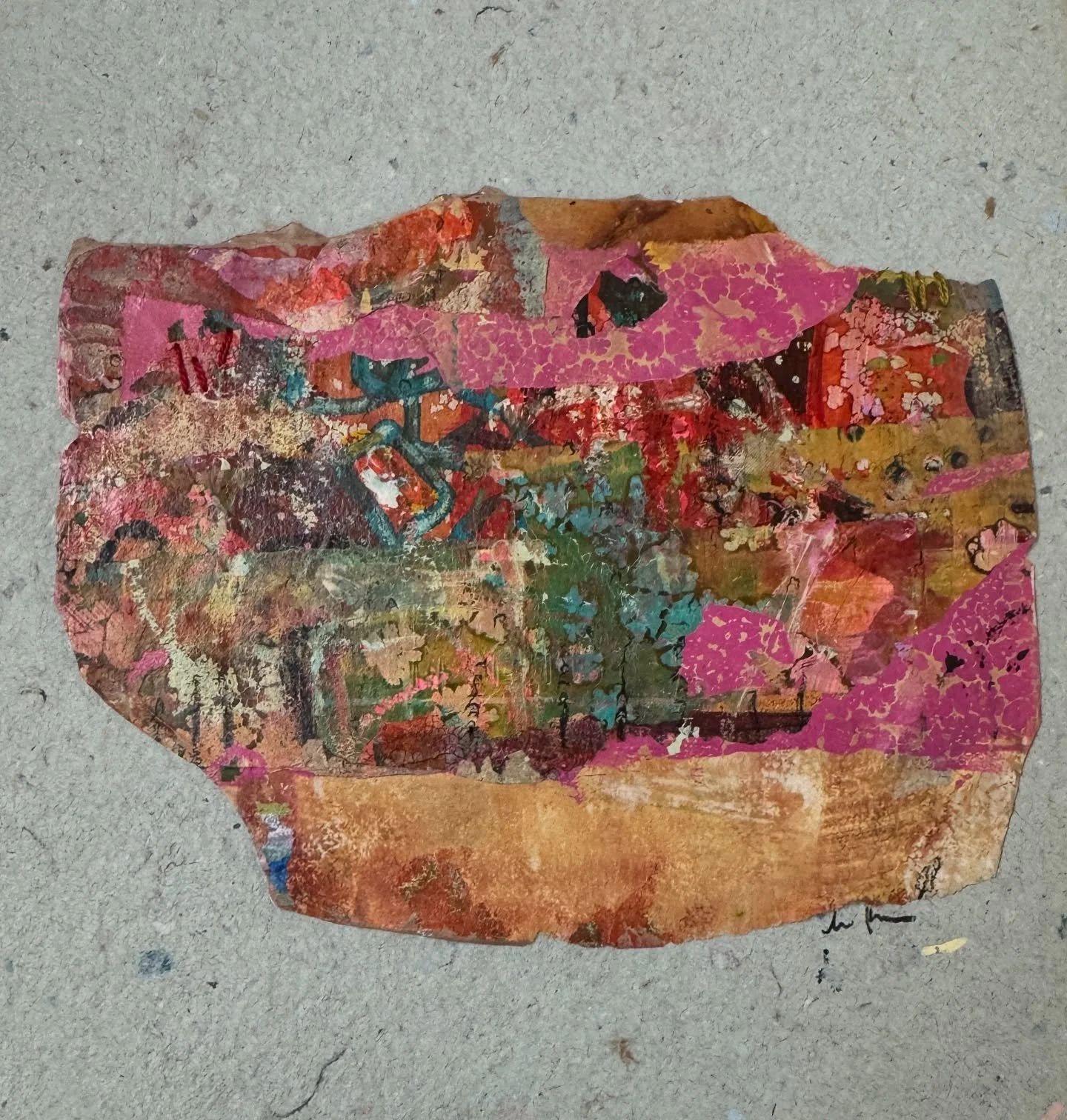 Remnant Map acrylic collage mounted on paper 12x9  DM for info 

From the Acts of Small Repair series.
A dense terrain of layered papers and color &mdash; pinks, reds, and golds &mdash; forming a remnant map of endurance and renewal. The surface beco
