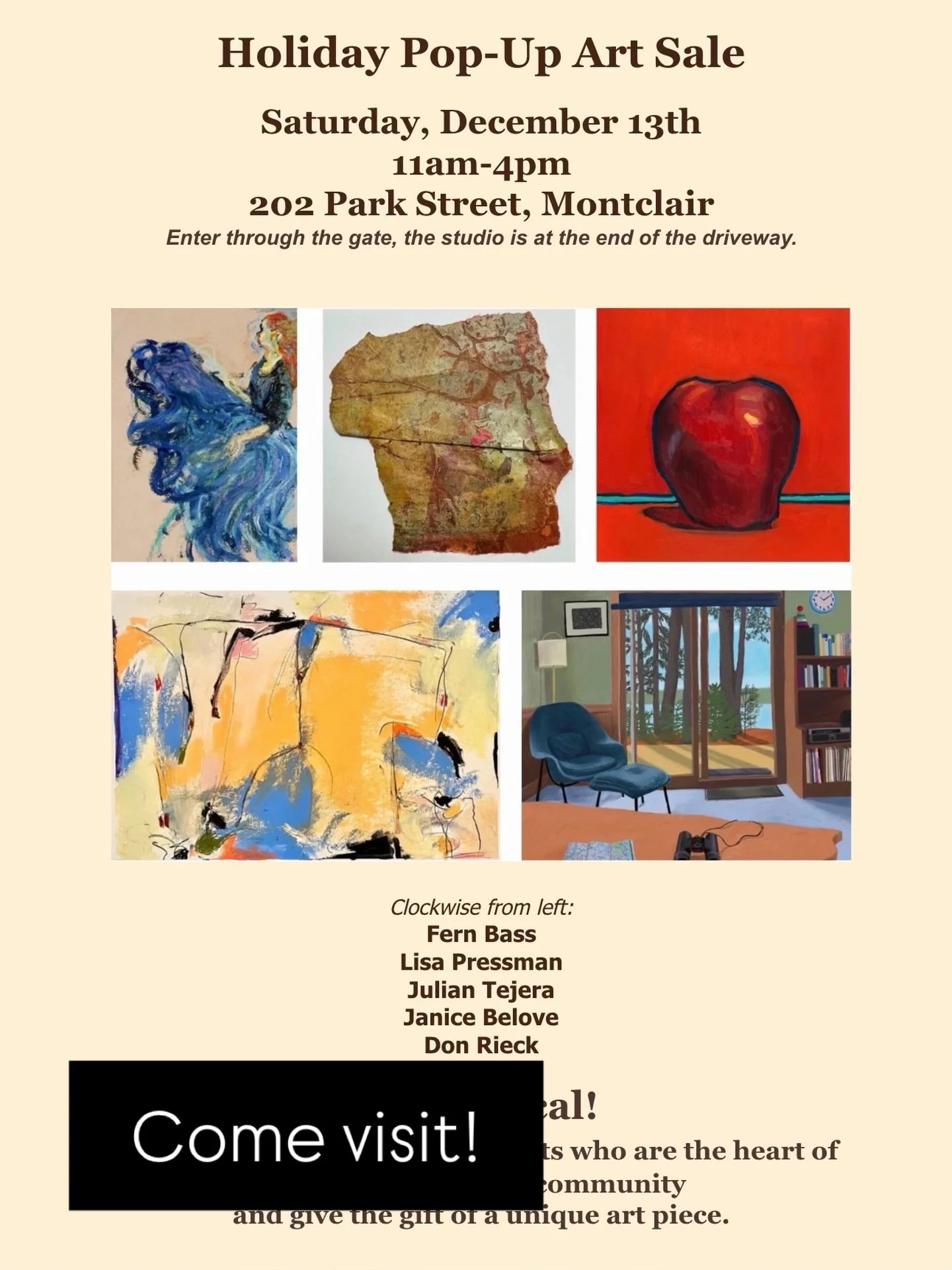 Holiday Pop-Up Art Sale in Montclair!
I&rsquo;ll be joining a wonderful group of local artists on Saturday, December 13th, 11&ndash;4pm at 202 Park Street, Montclair.
Enter through the gate &mdash; the studio is at the end of the driveway.

If you&rs