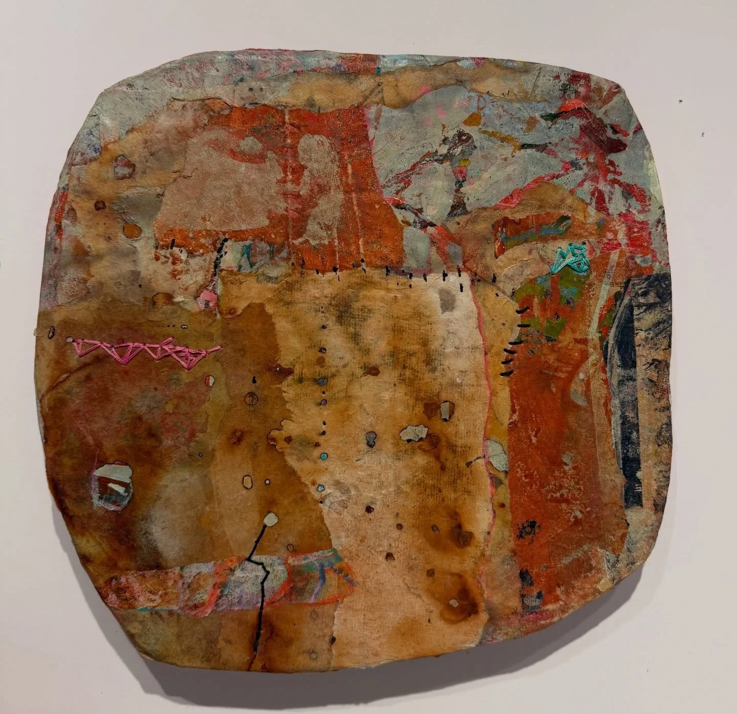 New Frontier 12x12ish acrylic, paper, thread, on cardboard mounted on panel.

A new piece that feels like a map of where I&rsquo;m heading &mdash; shaped, stitched, weathered, and opening toward what&rsquo;s next. I&rsquo;m letting the materials lead