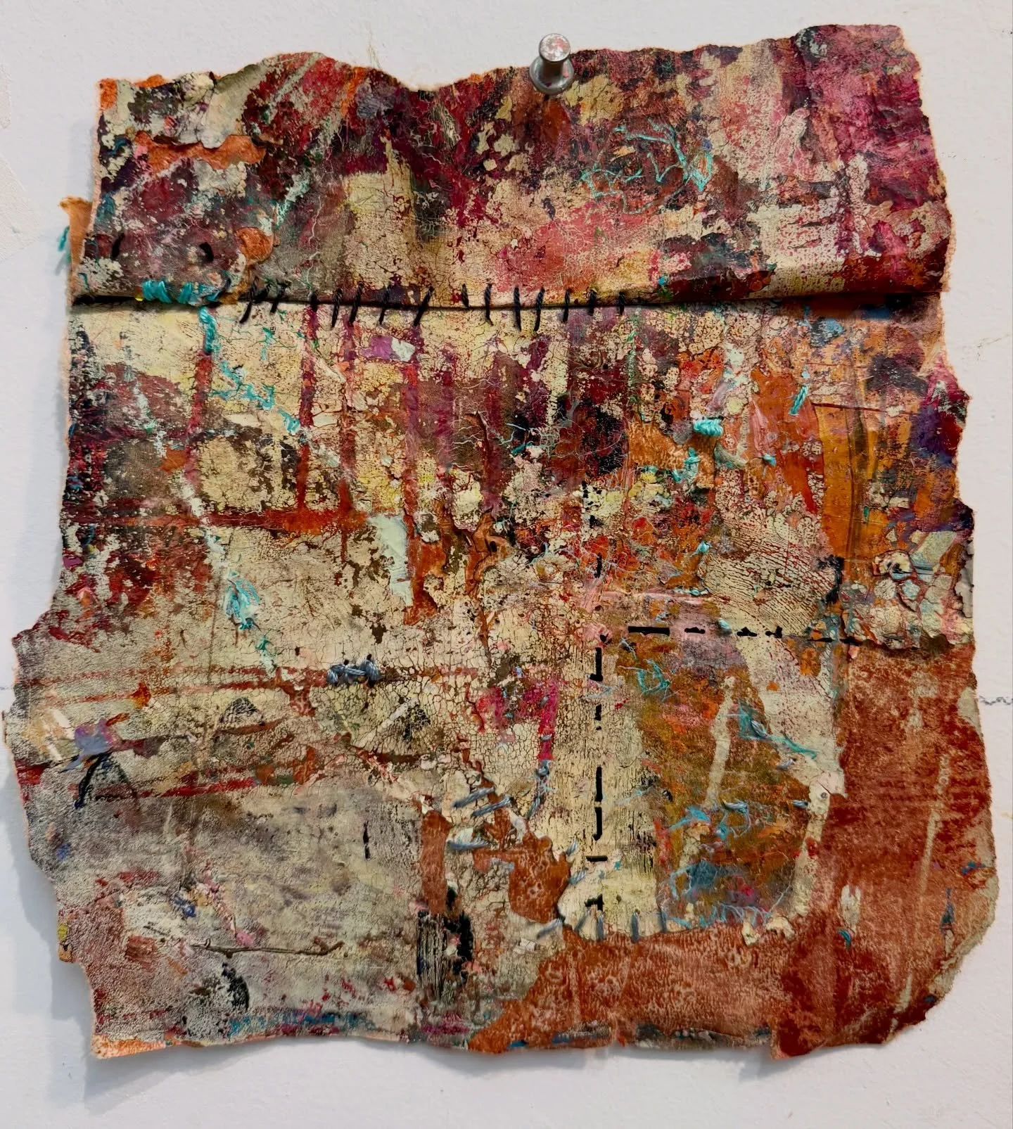 Found Message  12x11, acrylic, thread  work on paper
I never know what these fragments want to say until the very end. This one arrived like a found message&mdash;quiet, weathered, and insistent.

#lisapressmanart #mixedmedia #abstractart #contempora