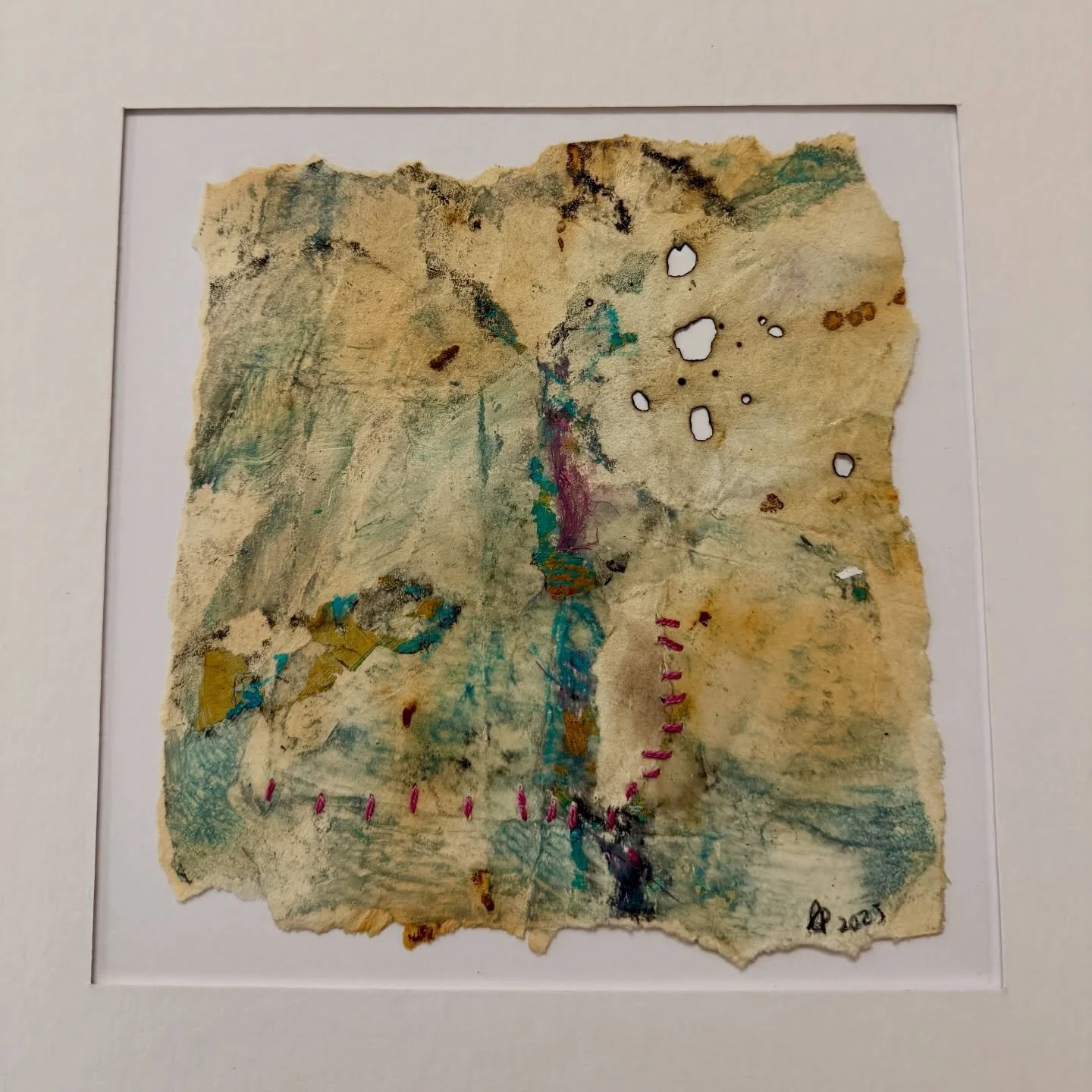 Perforated Memory  8x8 inches acrylic, thread on paper

A fragile surface holding its history &mdash; burn marks, stains, stitched seams.
a quiet excavation, a place where breaks become pathways and repairs become part of the story. 
#lisapressmanart