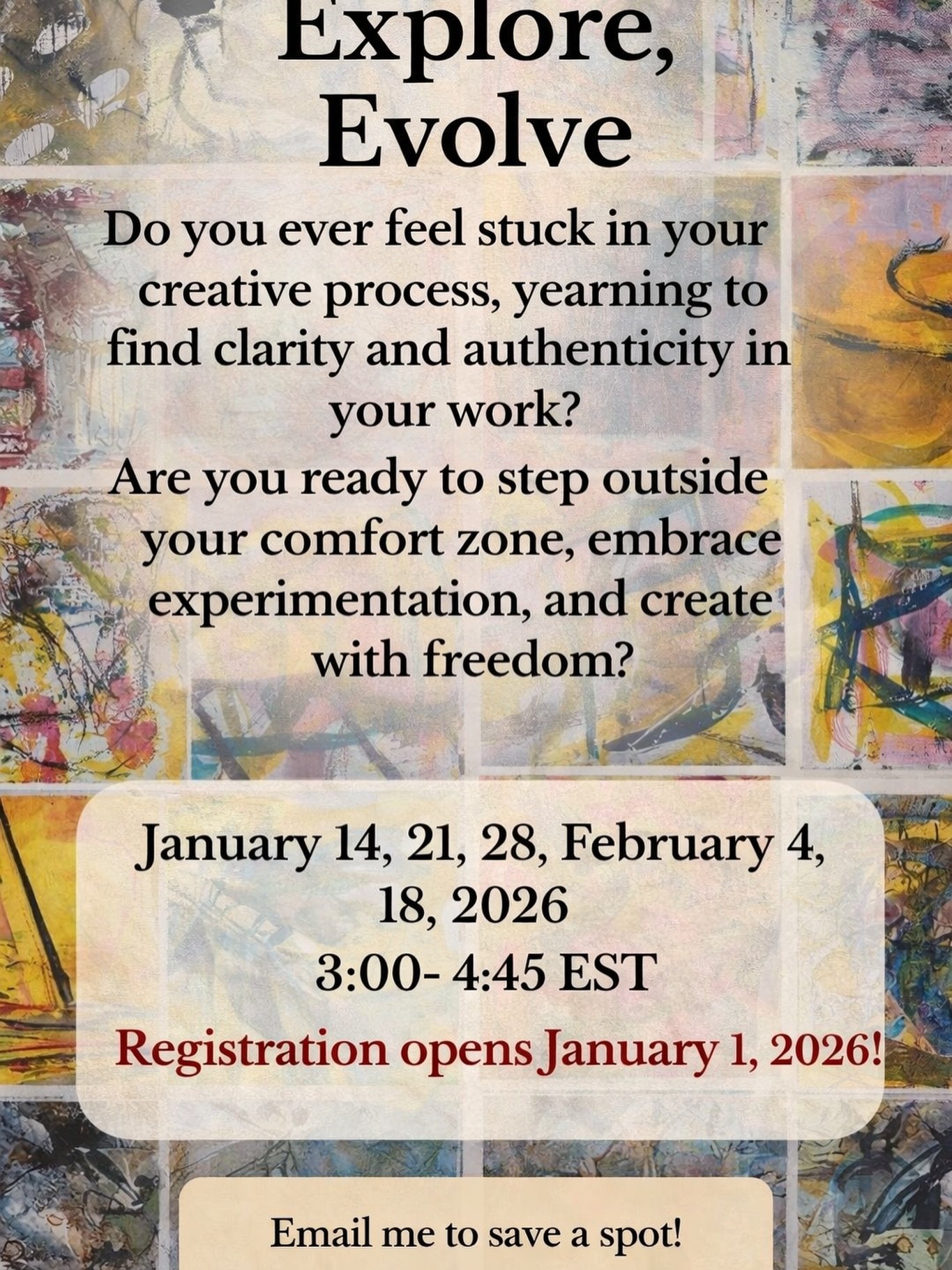 Registration starts Jan 1 at 12pm for

https://www.lisapressman.net/100-works

A great class to start the year off with new ideas and approaches to making !
Each week a different material  and building momentum for voice, layering and personal vision