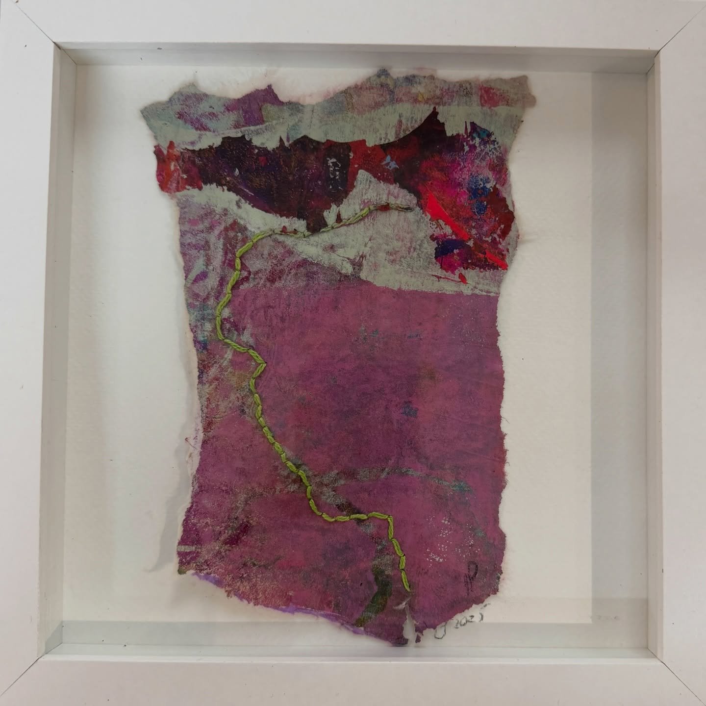 Small Acts of Repair 1 and 2 are now @makermusemaplewood in Maplewood, NJ Both are gloating in 8x8 white shadow box frames. They are acrylic on paper with thread.
These series is just beginning. The meditative process of creating this  work is slow a