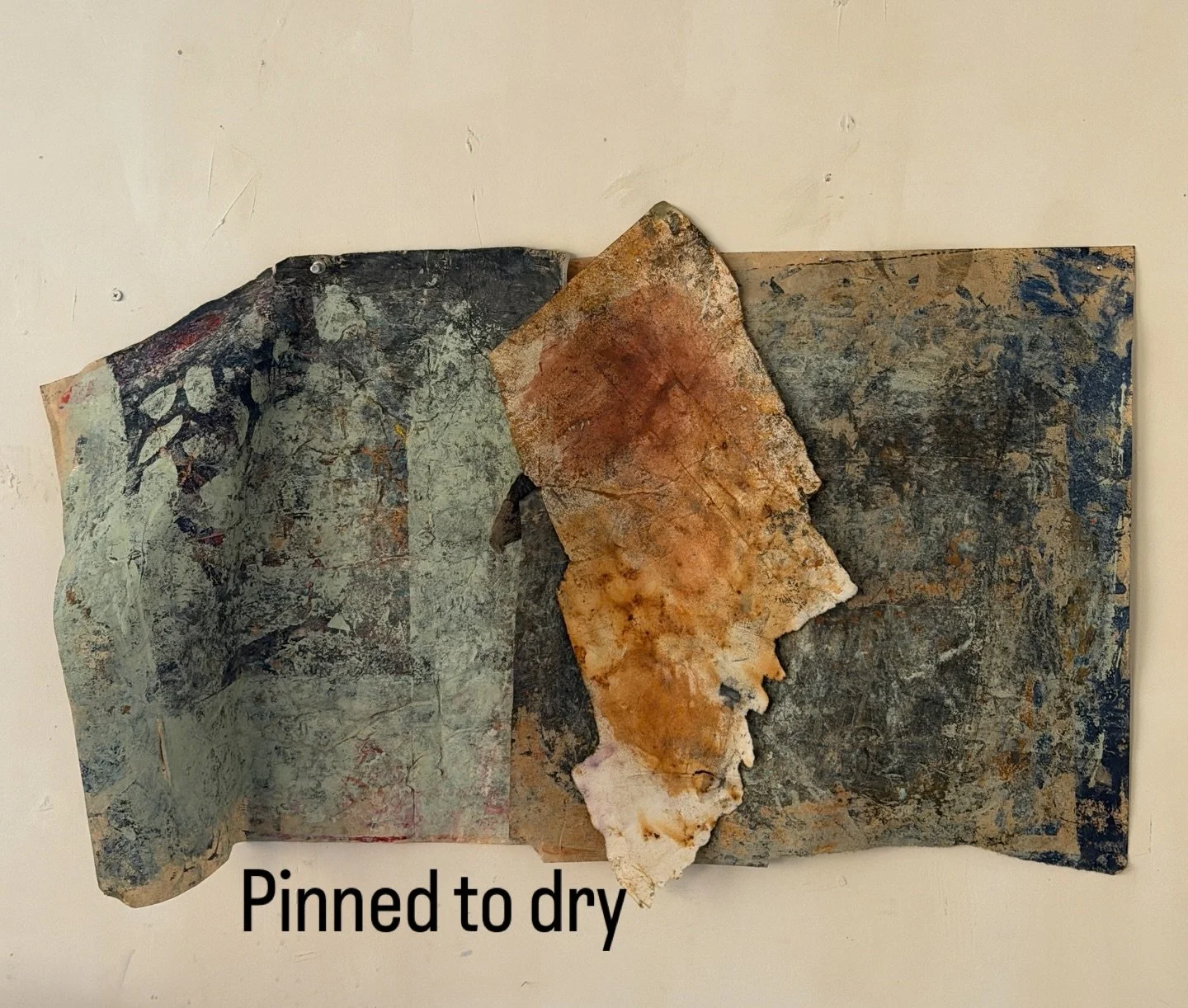 Part of an ongoing exploration of fragments, surface, and repair.

These were just pinned up to dry&mdash;
but the folds, the weight, the way one piece falls forward&hellip;
it started to feel like something else.

Less constructed.
More responsive.
