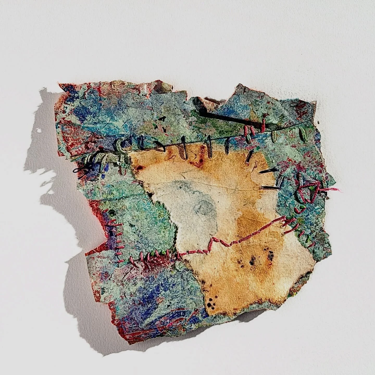 A line holds what&rsquo;s been broken.

Painted and printed papers, torn, shifted, and stitched back into place.

These small works are where structure and repair get worked out.

#actsofsmallrepair #abstractart #mixedmedia #contemporaryart #artproce