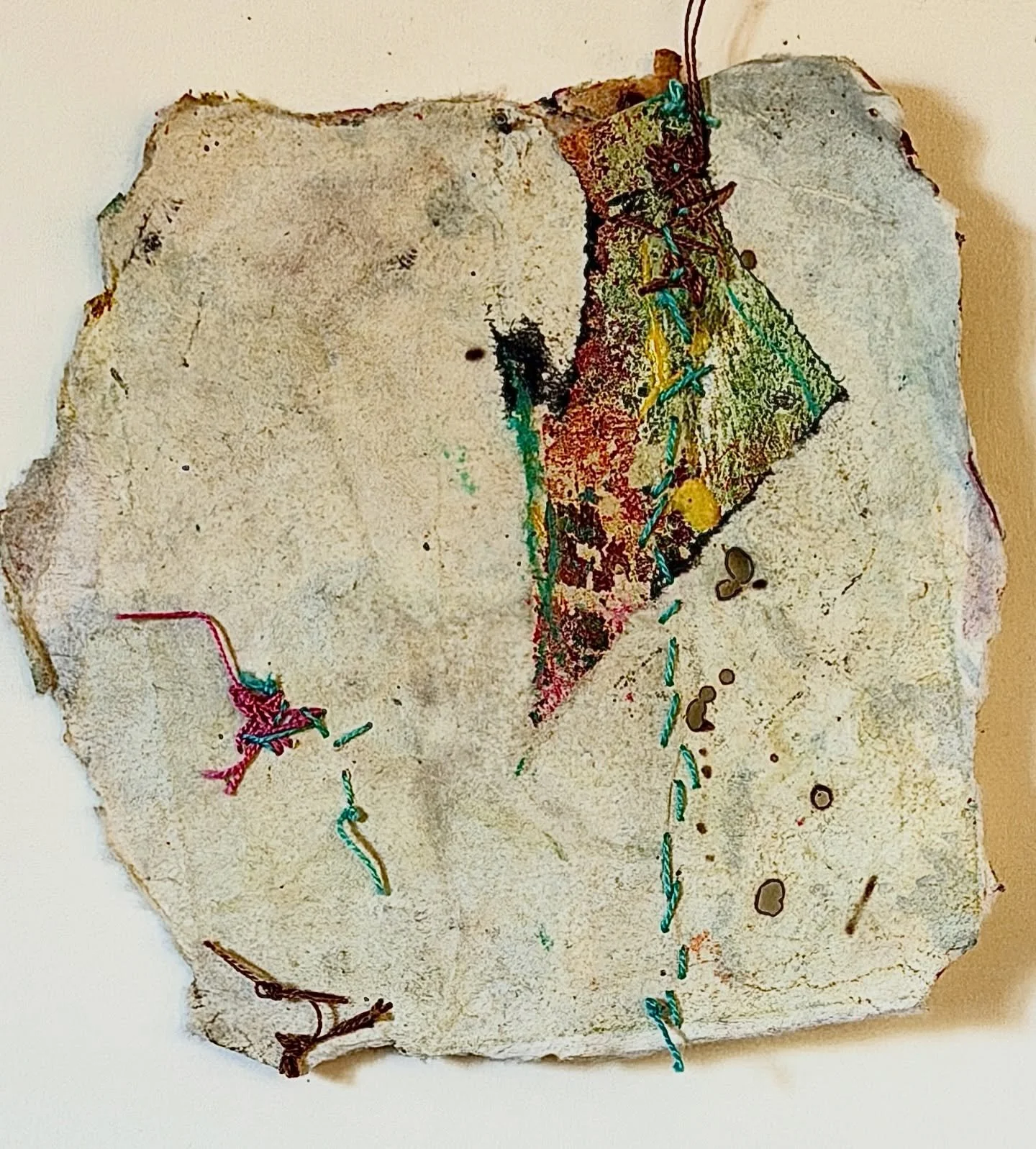 A fragment.

Part of my new series called &ldquo;Acts of Small Repair.&rdquo;

Painted and printed papers&mdash;torn, burned, and reassembled. Thread moves between structure and mark, holding while also revealing.

Not repaired to hide damage, but to