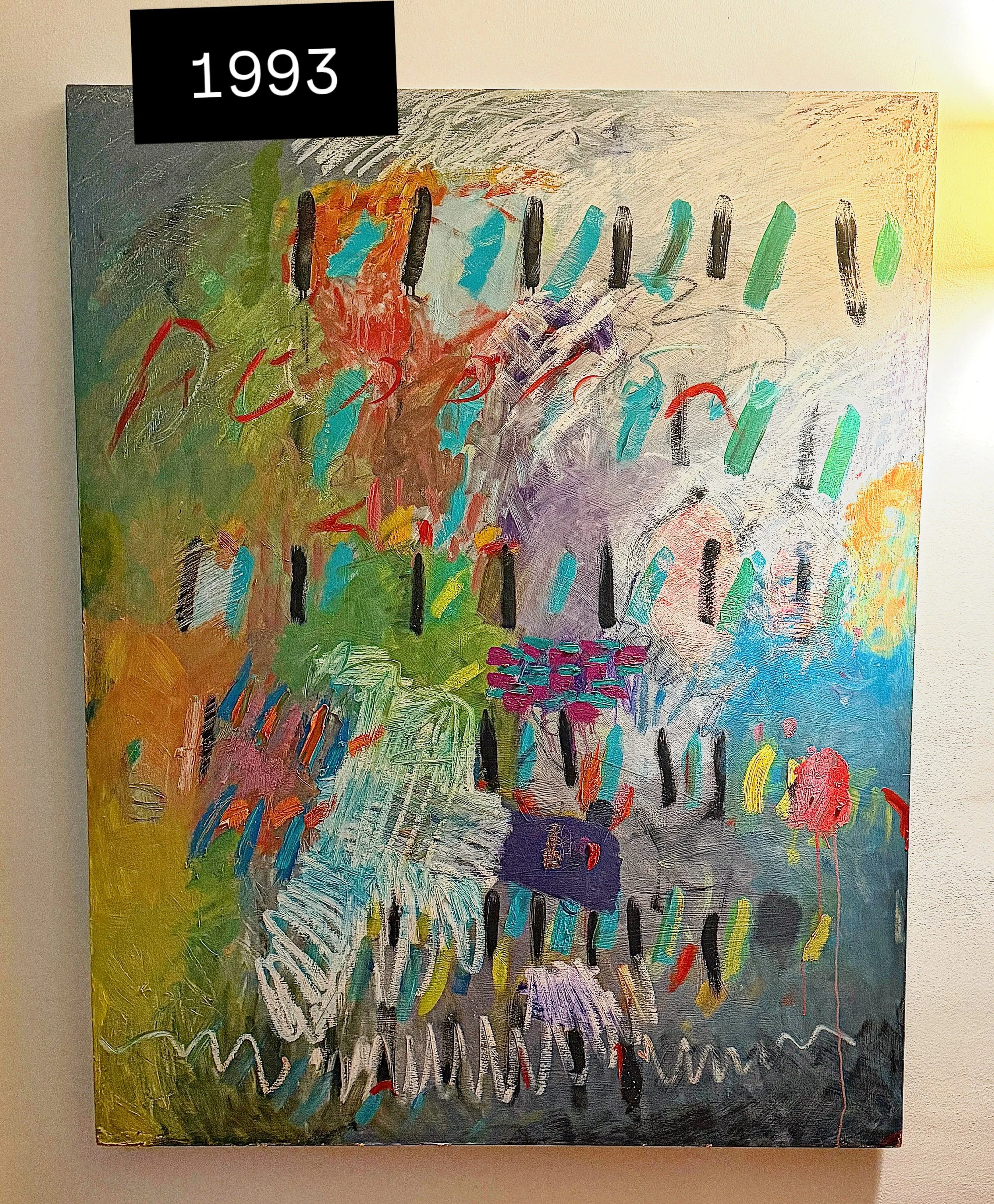 The Secret, c. 1993.
I thought I was leaving these paintings behind, but I can see now that the vocabulary was already there &mdash; marks as language, repetition, concealment, fragments of
The roots of the alphabet I&rsquo;m still using today.
Appar
