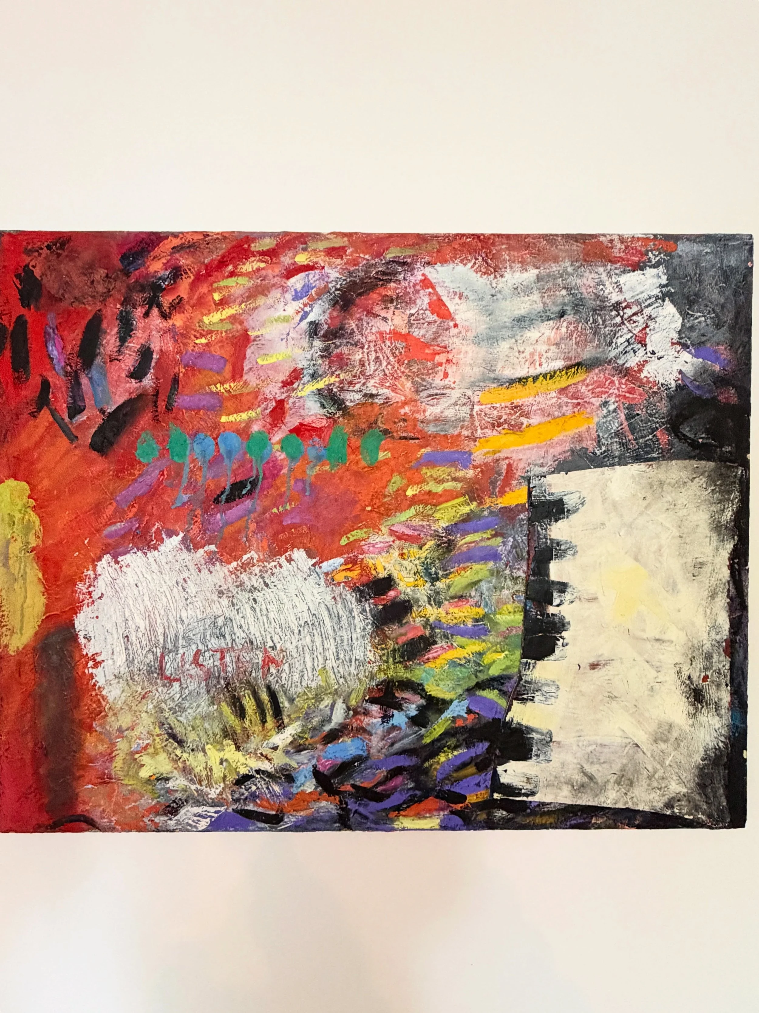 Looking back at an older painting and realizing how many threads were already there.
Repetition, interruption, layering, marks that feel almost like a coded language.
Even then, I think I was painting like a printmaker &mdash; building passages throu