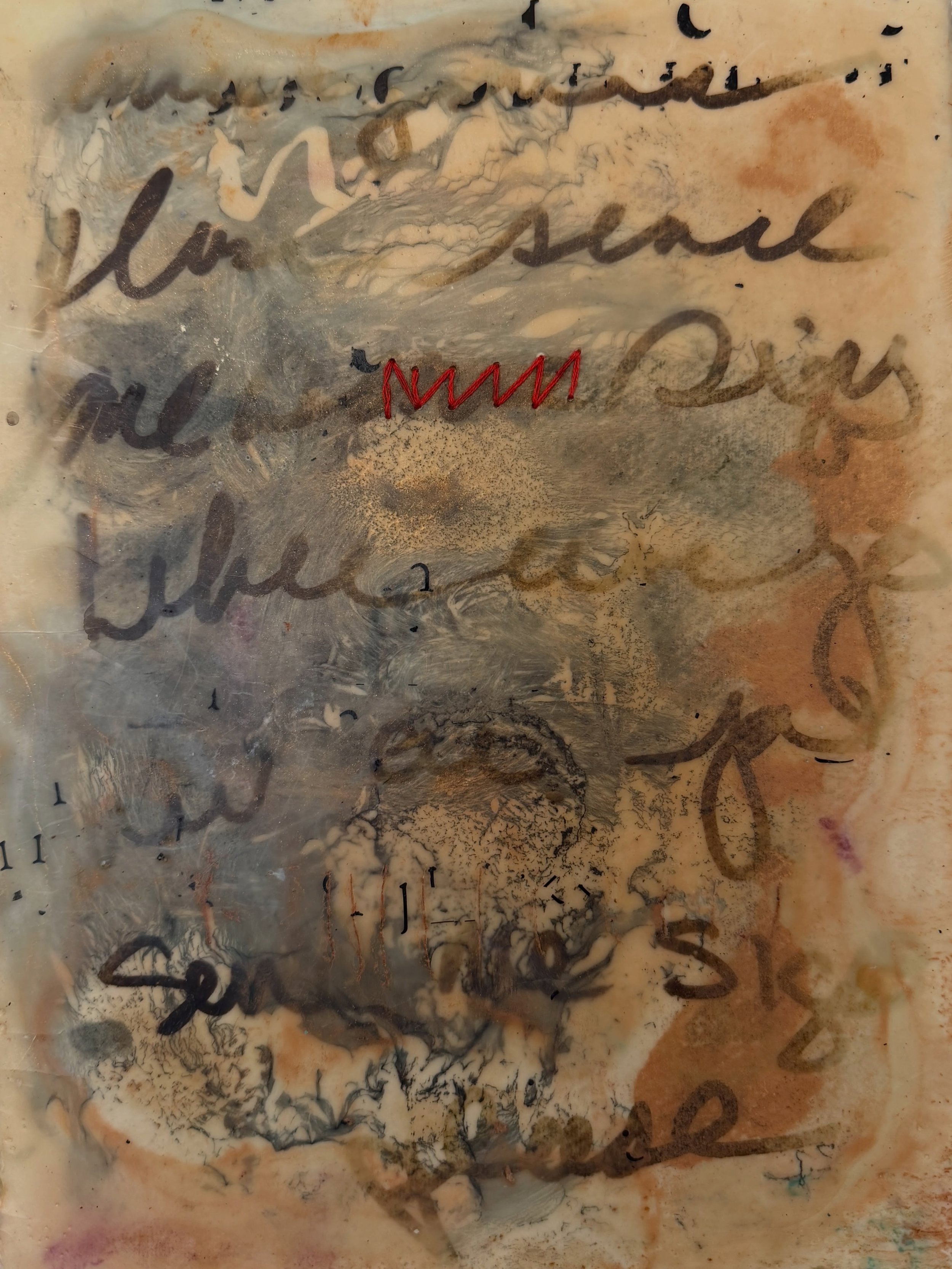 Red Thread 11x9 paper, wax, thread 2022ish 

I found this older Message piece buried in the studio, dipped in wax and carrying traces of things I seem to return to over and over &mdash; fragments of language, concealment, marks of repair, surface as 