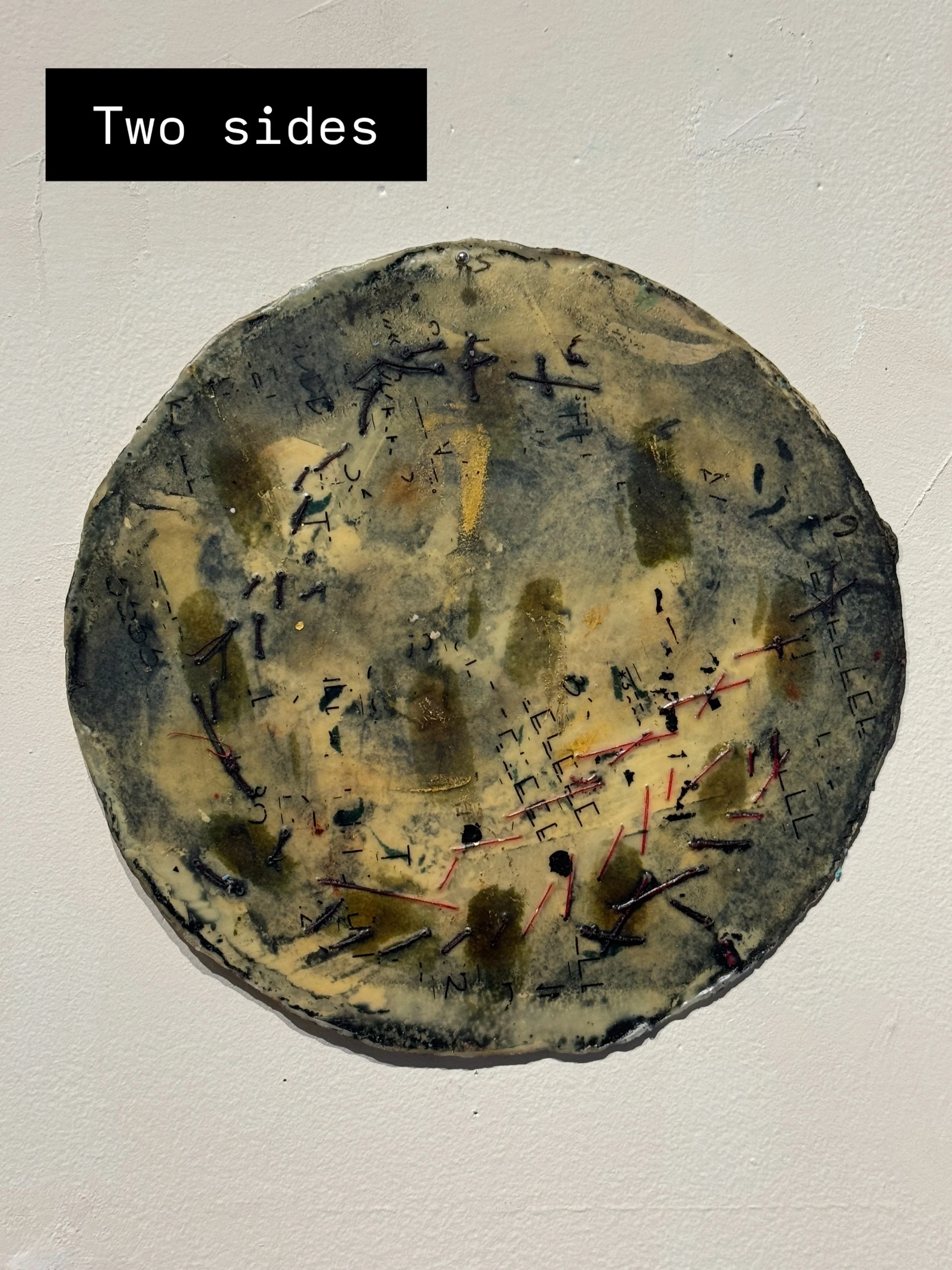 Messages, 2023
Double-sided works made with encaustic, paper, thread, ink, and Letraset. I think of them as notes or partial records&mdash;altered manuscripts carrying traces of time, repair, and memory. Different conversations exist on each side; me
