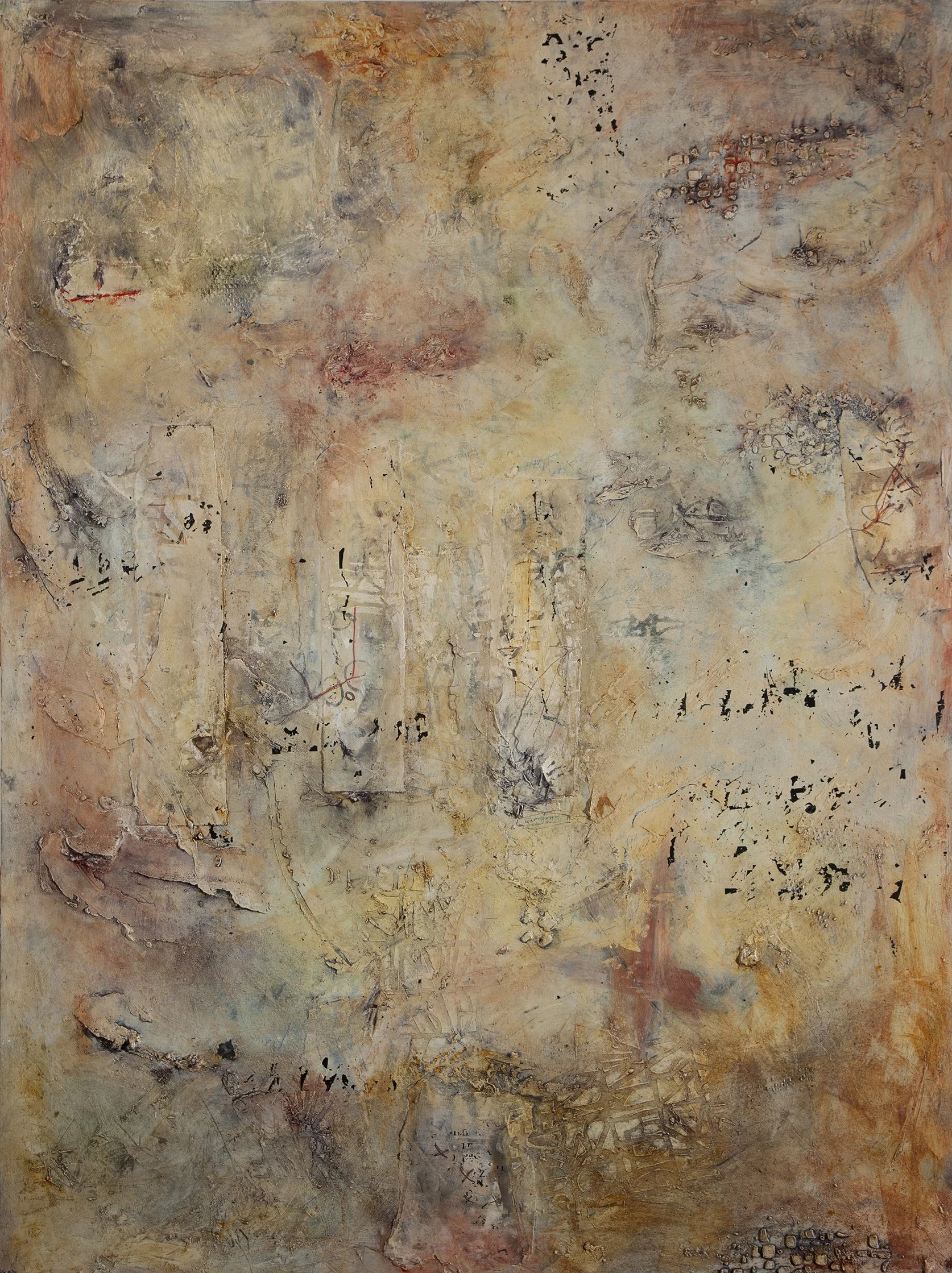 What Remains 3 - 48" x 36" - Oil paint, collage, thread on panel
