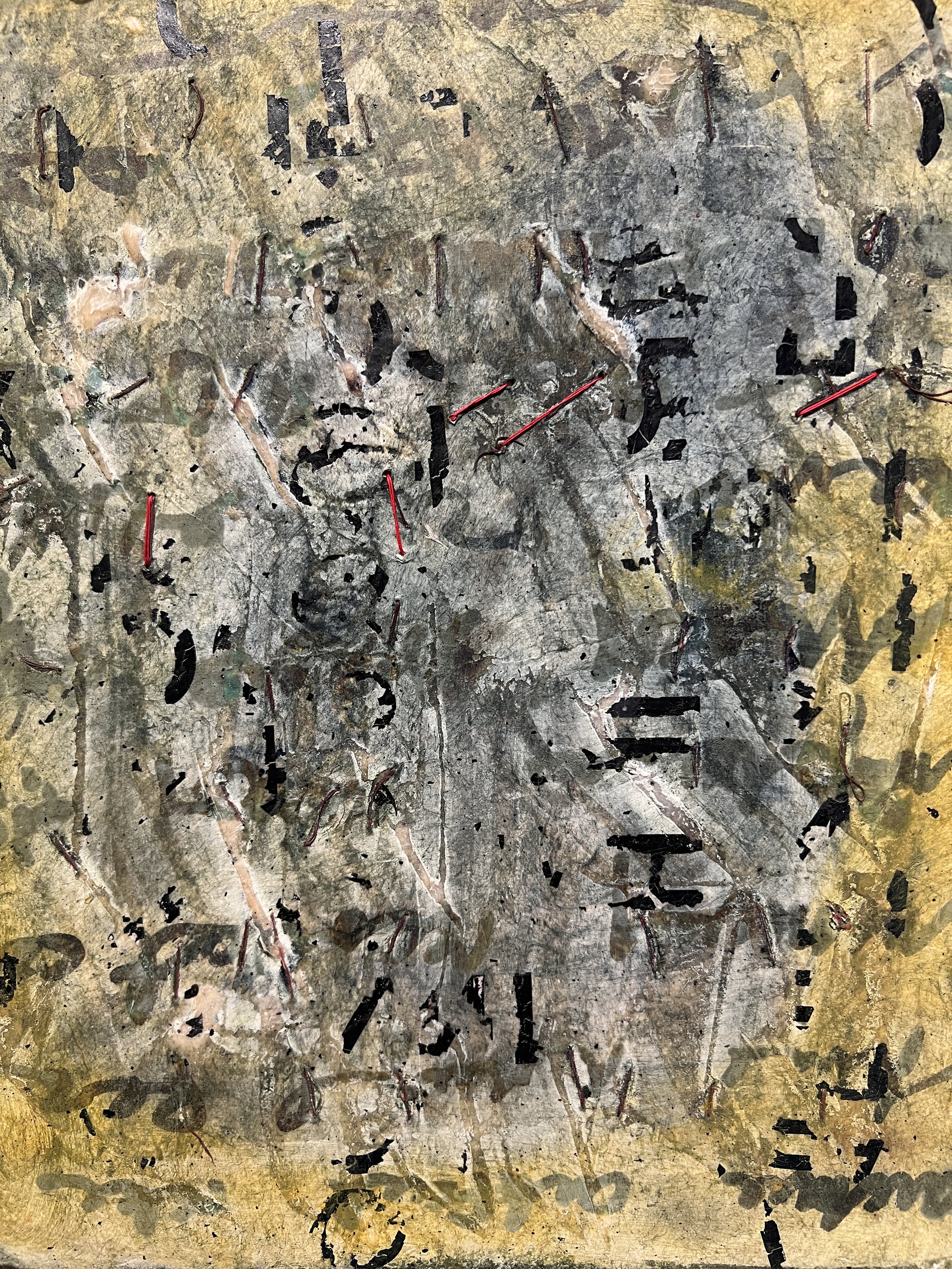 Manuscript A, 12 x 9 thread, smoke, burns, letraset oil on handmade paper 