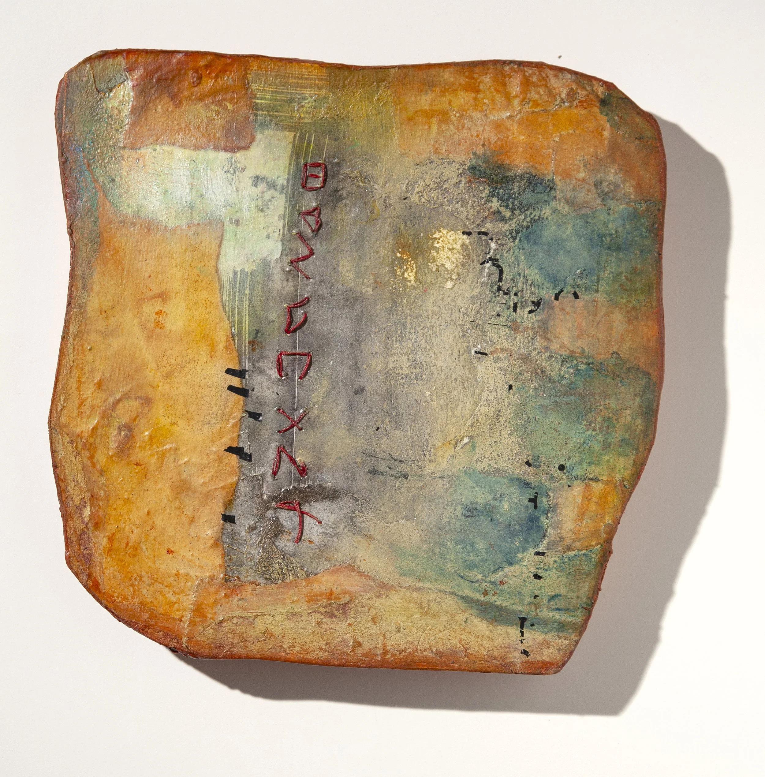 What the Wall Knew - 
Acrylic, thread, smoke, Letraset on cardboard mounted on panel