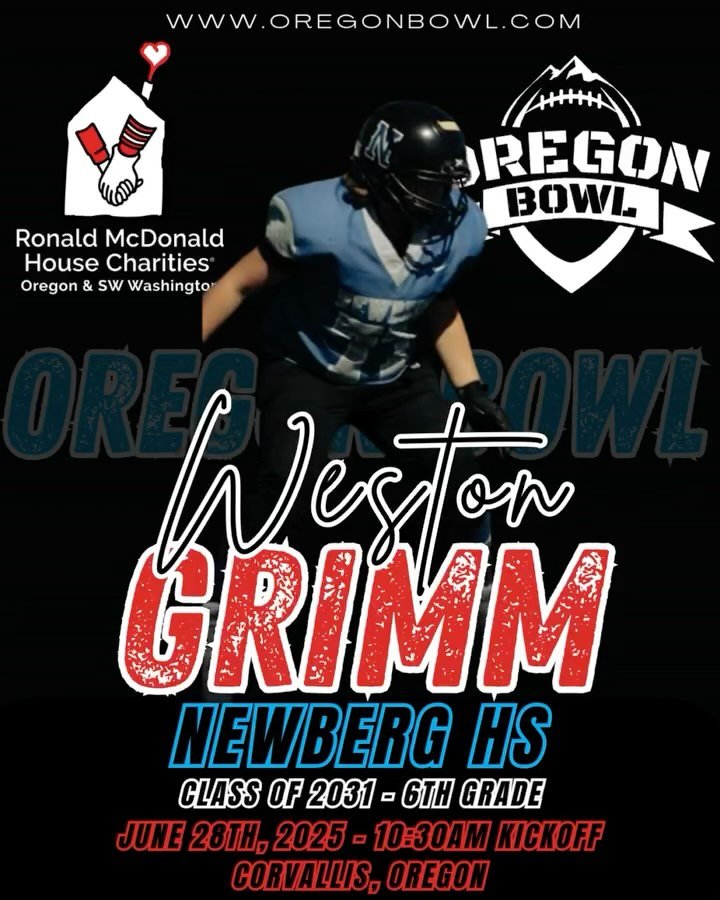 Congratulations OL/Center/DL/DE Weston Grimm on being selected for the 2025 6th grade Oregon Bowl!
.
Join us as we celebrate the best athletes in the state June 28th at the Oregon Bowl!