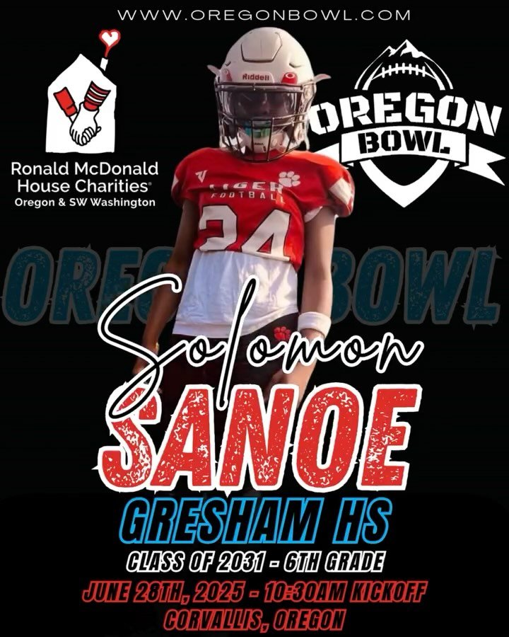 Congratulations RB/DB Solomon Sanoe on being selected for the 2025 6th grade Oregon Bowl!
.
Join us as we celebrate the best athletes in the state June 28th at the Oregon Bowl!