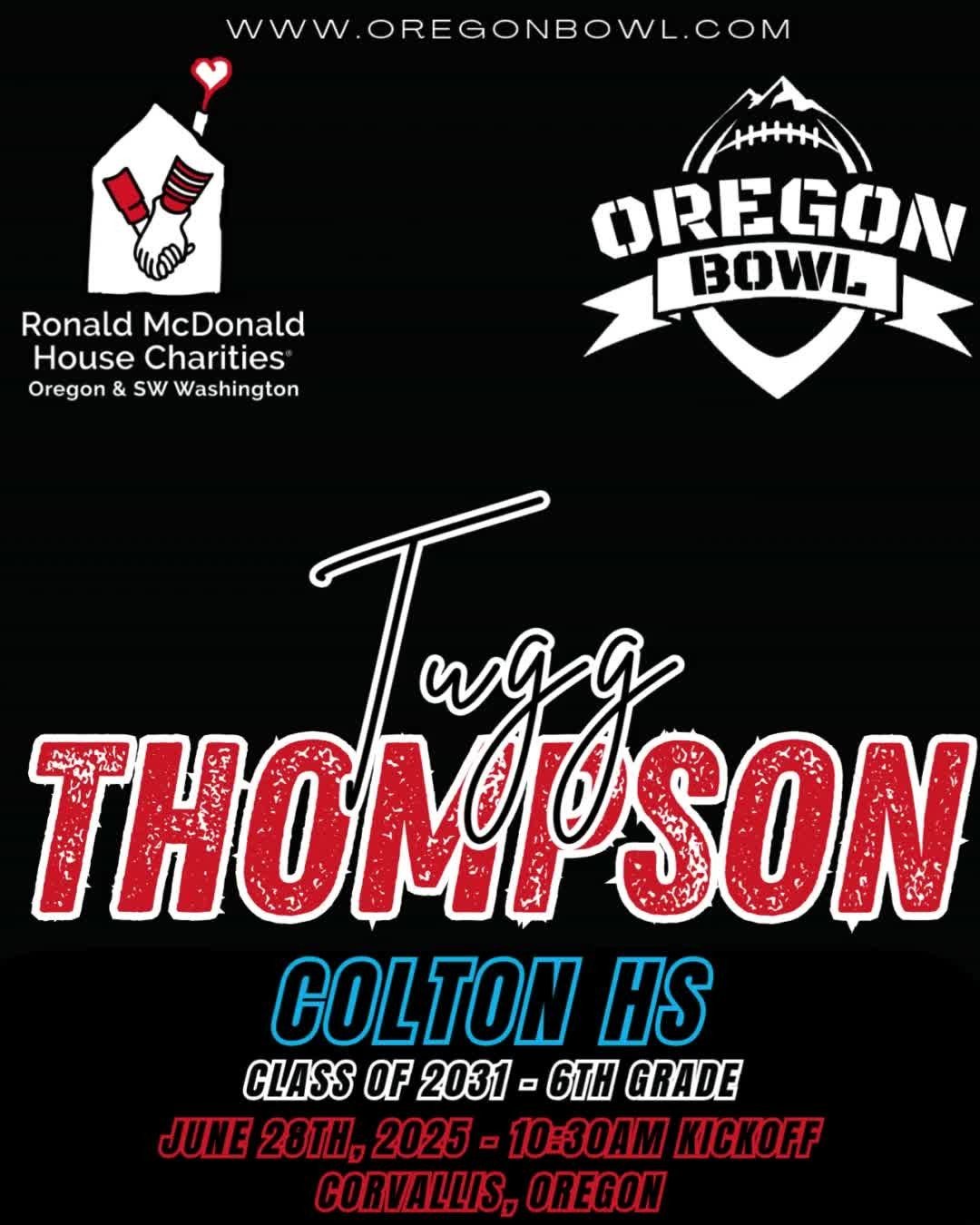 Congratulations QB/RB/LB/DB Tugg Thompson on being selected for the 2025 6th grade Oregon Bowl!
.
Join us as we celebrate the best athletes in the state June 28th at the Oregon Bowl!