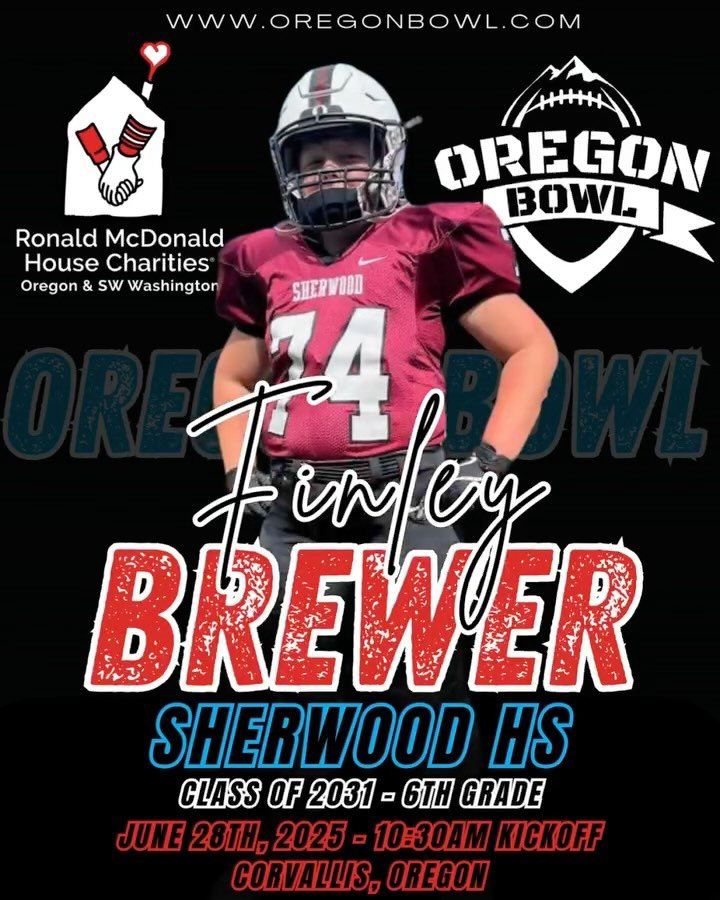 Congratulations OL/DL Finley Brewer on being selected for the 2025 6th grade Oregon Bowl!
.
Join us as we celebrate the best athletes in the state June 28th at the Oregon Bowl!
