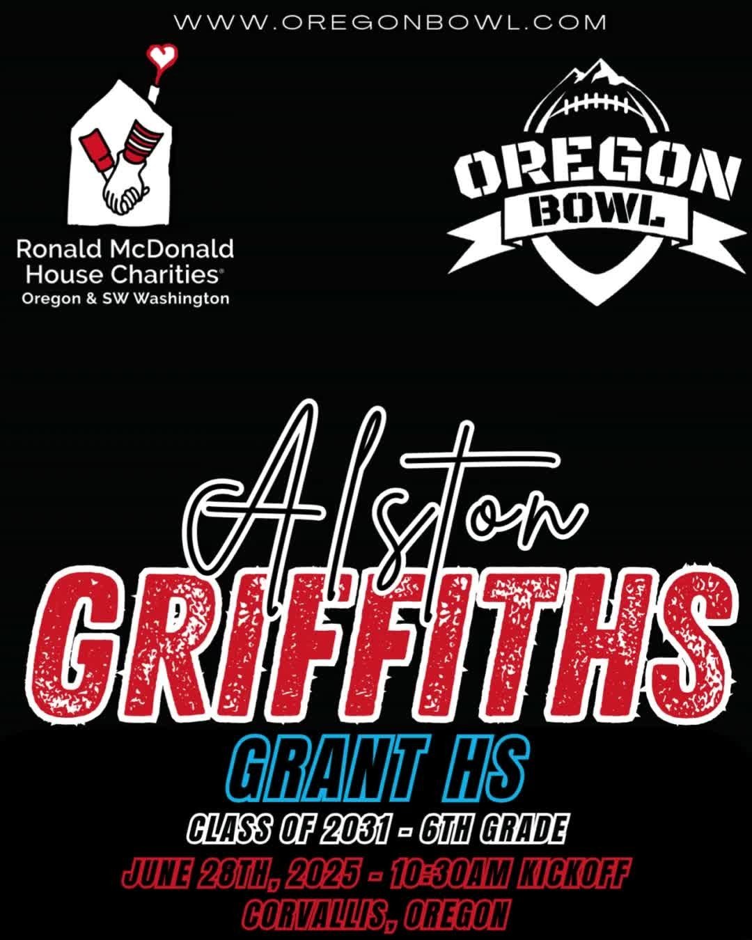 Congratulations TE/OL/Center/DL/DE Alston Griffiths on being selected for the 2025 6th grade Oregon Bowl!
.
Join us as we celebrate the best athletes in the state June 28th at the Oregon Bowl!