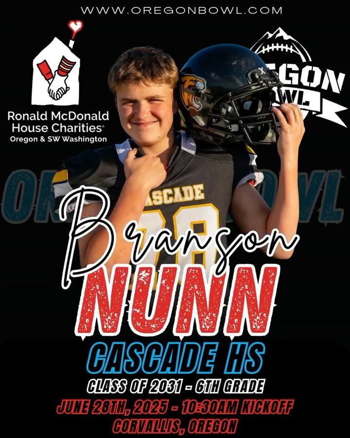 Congratulations OL/Center/DL/DE Branson Nunn on being selected for the 2025 6th grade Oregon Bowl!
.
Join us as we celebrate the best athletes in the state June 28th at the Oregon Bowl!