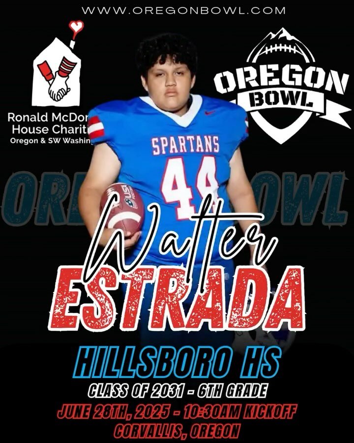 Congratulations OL/DL Walter Estrada on being selected for the 2025 6th grade Oregon Bowl!
.
Join us as we celebrate the best athletes in the state June 28th at the Oregon Bowl!