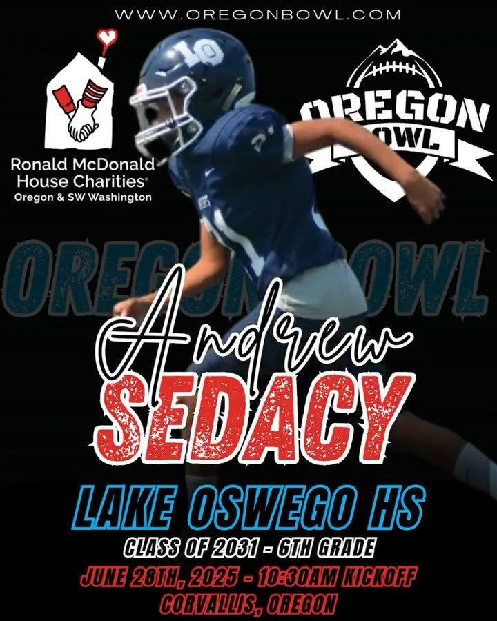 Congratulations QB/RB/WR/TE/LB/DB/DE Andrew Sedacy on being selected for the 2025 6th grade Oregon Bowl!
.
Join us as we celebrate the best athletes in the state June 28th at the Oregon Bowl!