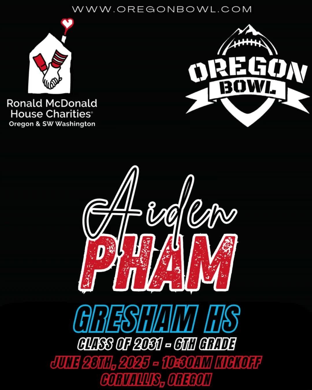 Congratulations QB/WR/DB Aiden Pham on being selected for the 2025 6th grade Oregon Bowl!
.
Join us as we celebrate the best athletes in the state June 28th at the Oregon Bowl!