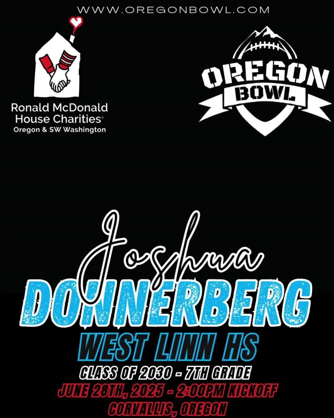 Congratulations QB/DB Joshua Donnerberg on being selected for the 2025 7th grade Oregon Bowl!
.
Join us as we celebrate the best athletes in the state June 28th at the Oregon Bowl!