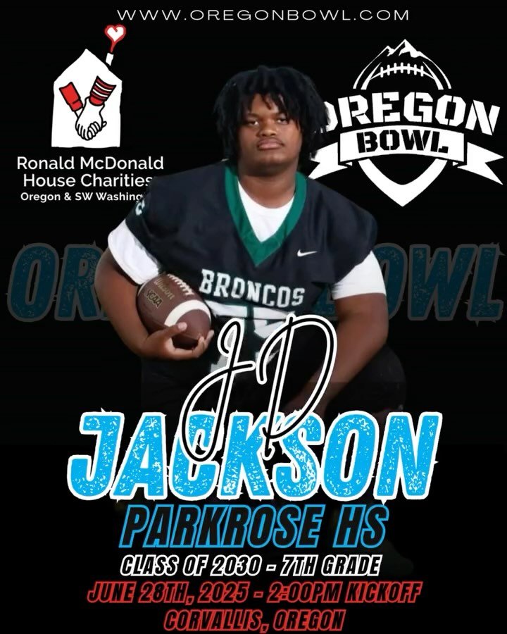 Congratulations OL/DL JD Jackson on being selected for the 2025 7th grade Oregon Bowl!
.
Join us as we celebrate the best athletes in the state June 28th at the Oregon Bowl!