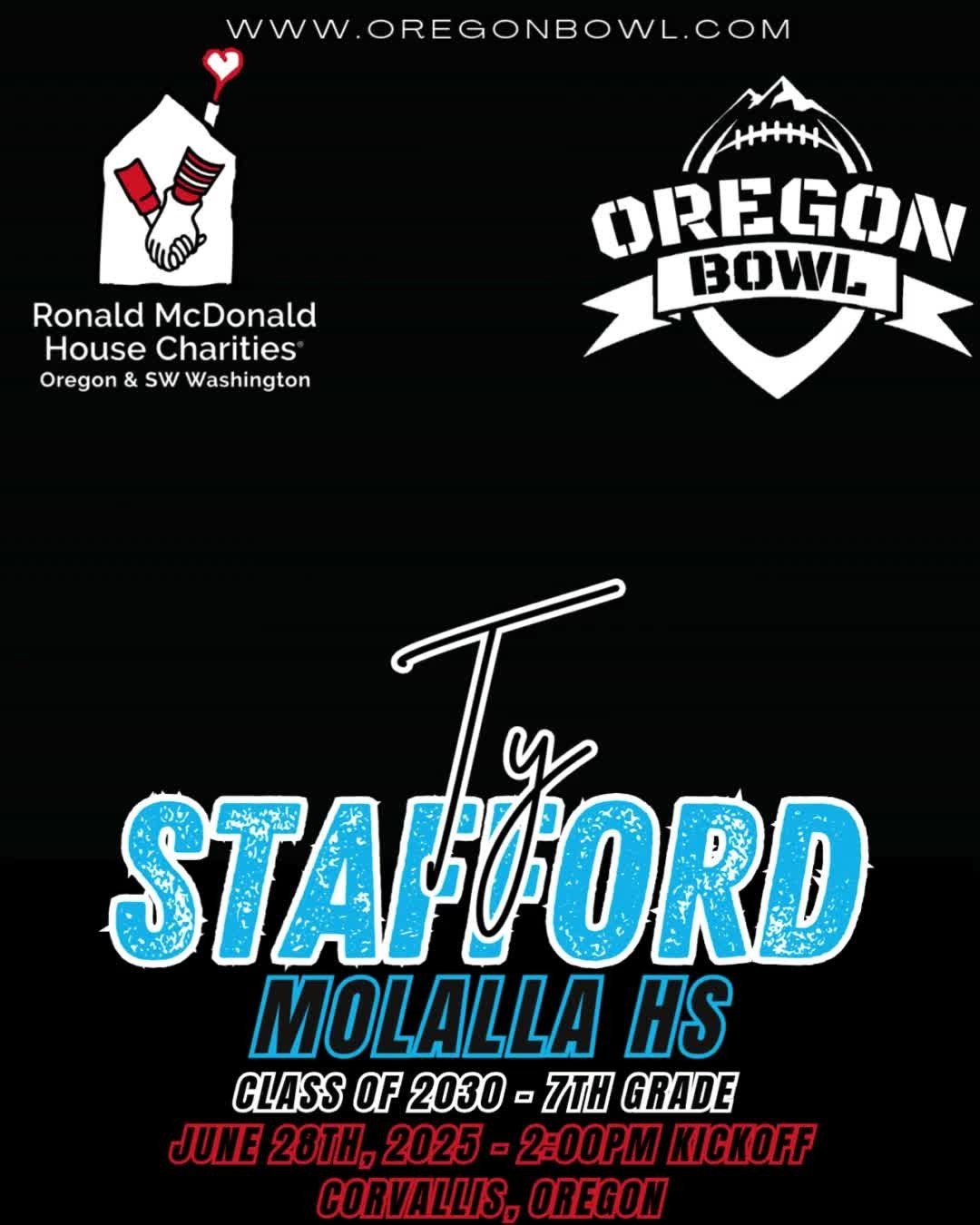 Congratulations RB/WR/LB Ty Stafford on being selected for the 2025 7th grade Oregon Bowl!
.
Join us as we celebrate the best athletes in the state June 28th at the Oregon Bowl!