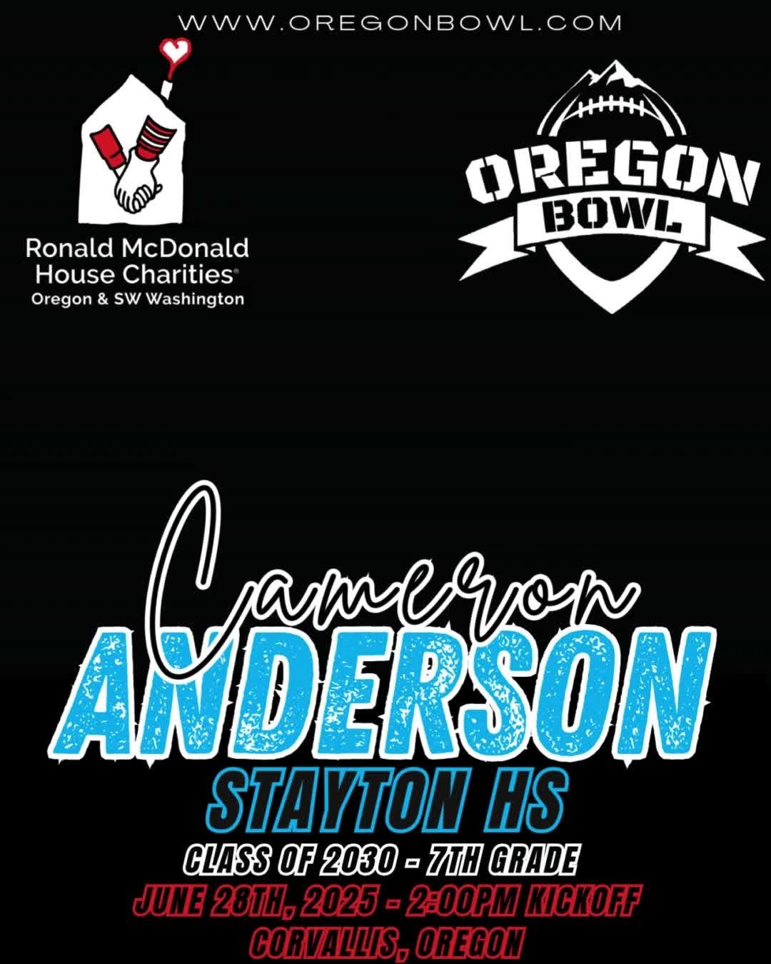 Congratulations QB/LB Cameron Anderson on being selected for the 2025 7th grade Oregon Bowl!
.
Join us as we celebrate the best athletes in the state June 28th at the Oregon Bowl!