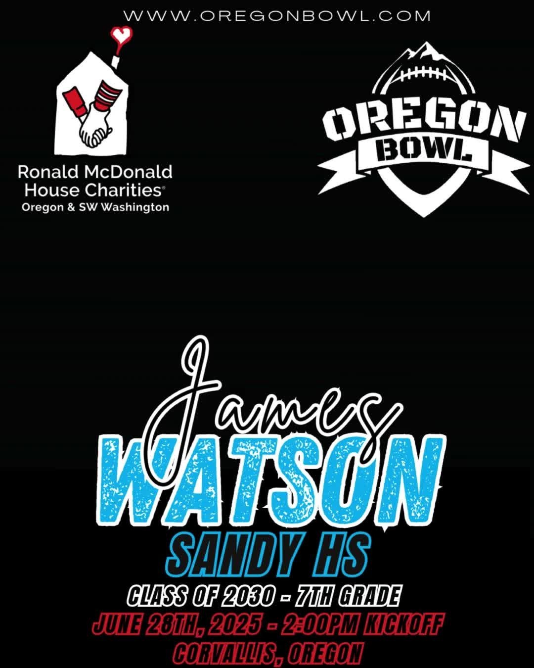 Congratulations RB/DB James Watson on being selected for the 2025 7th grade Oregon Bowl!
.
Join us as we celebrate the best athletes in the state June 28th at the Oregon Bowl!