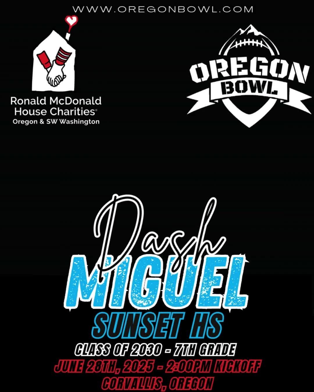 Congratulations WR/DB Dash Miguel on being selected for the 2025 7th grade Oregon Bowl!
.
Join us as we celebrate the best athletes in the state June 28th at the Oregon Bowl!
