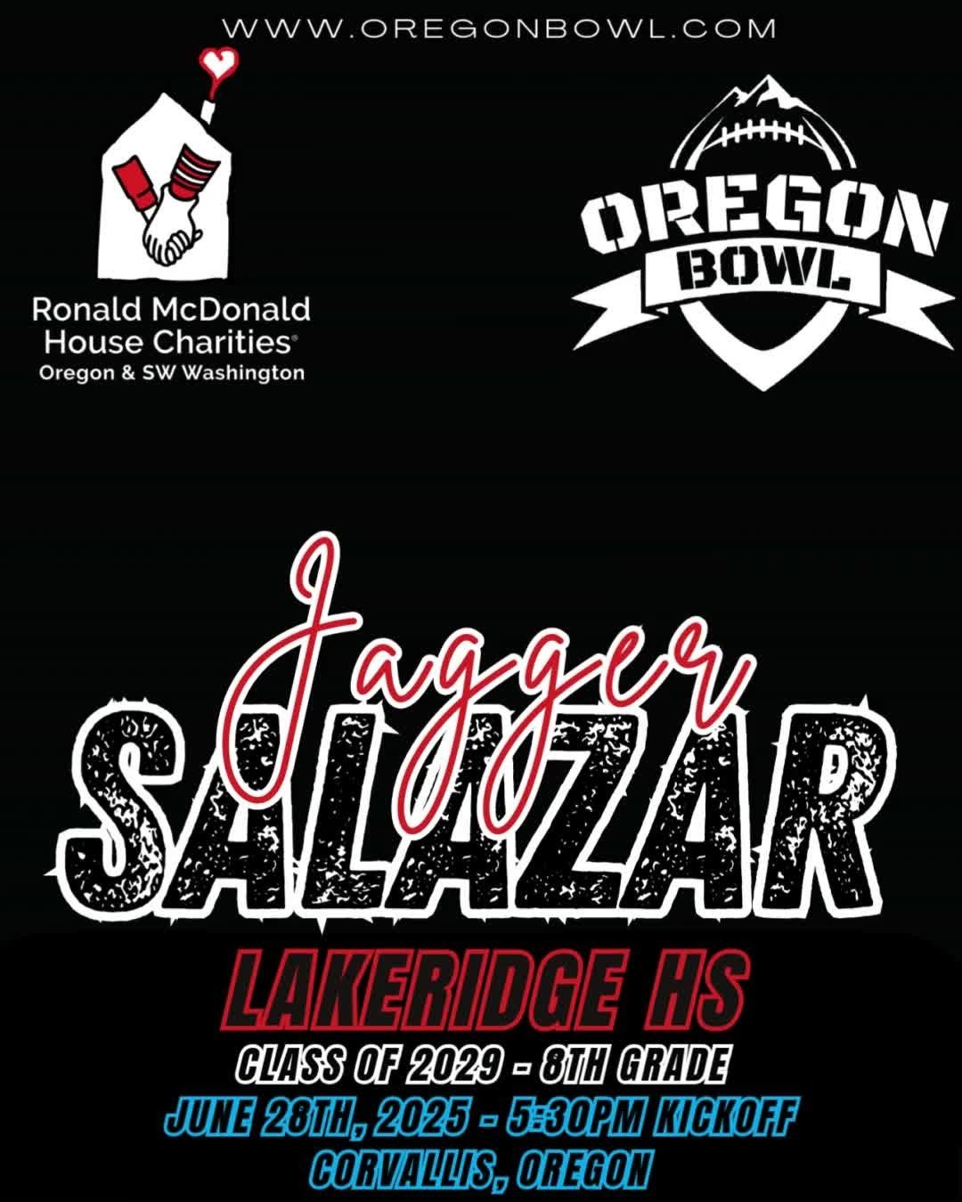 Congratulations RB/WR/LB/DB Jagger Salazar on being selected for the 2025 8th grade Oregon Bowl!
.
Join us as we celebrate the best athletes in the state June 28th at the Oregon Bowl!