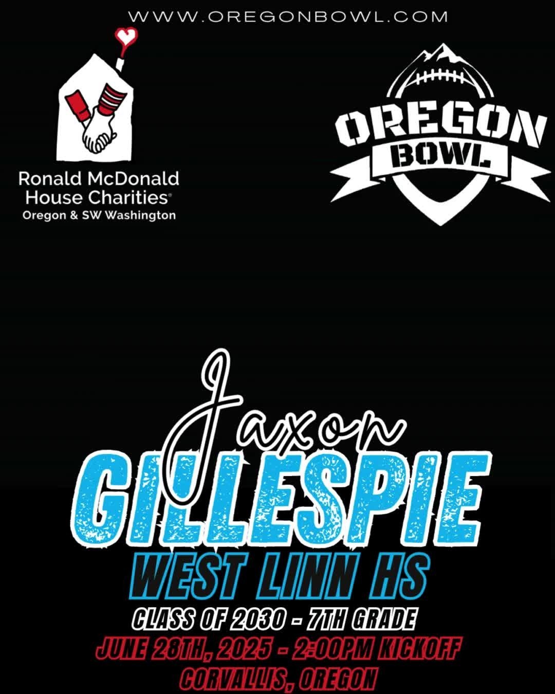 Congratulations RB/LB Jaxon Gillespie on being selected for the 2025 7th grade Oregon Bowl!
.
Join us as we celebrate the best athletes in the state June 28th at the Oregon Bowl!
