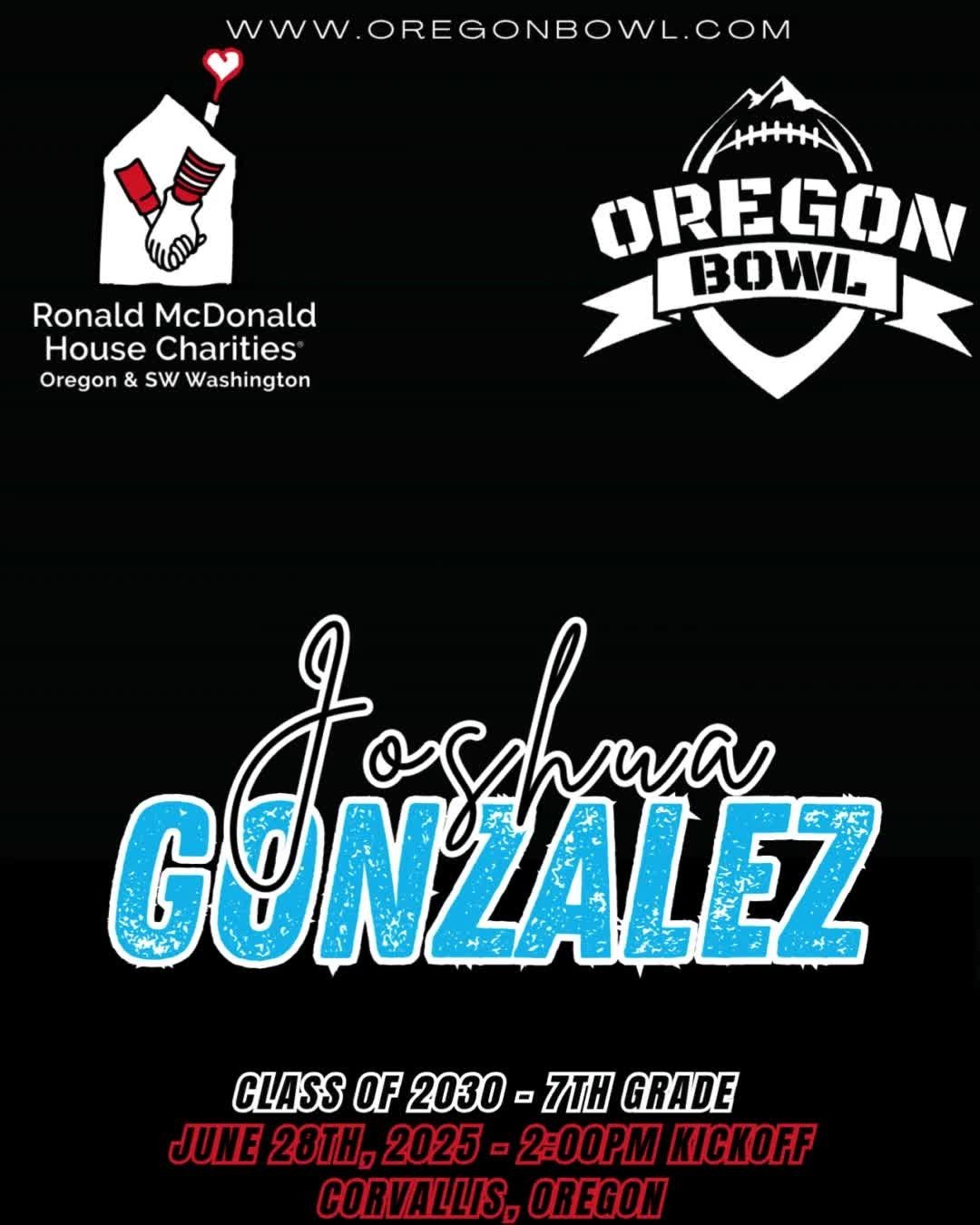 Congratulations RB/WR Joshua Gonzalez on being selected for the 2025 7th grade Oregon Bowl!
.
Join us as we celebrate the best athletes in the state June 28th at the Oregon Bowl!