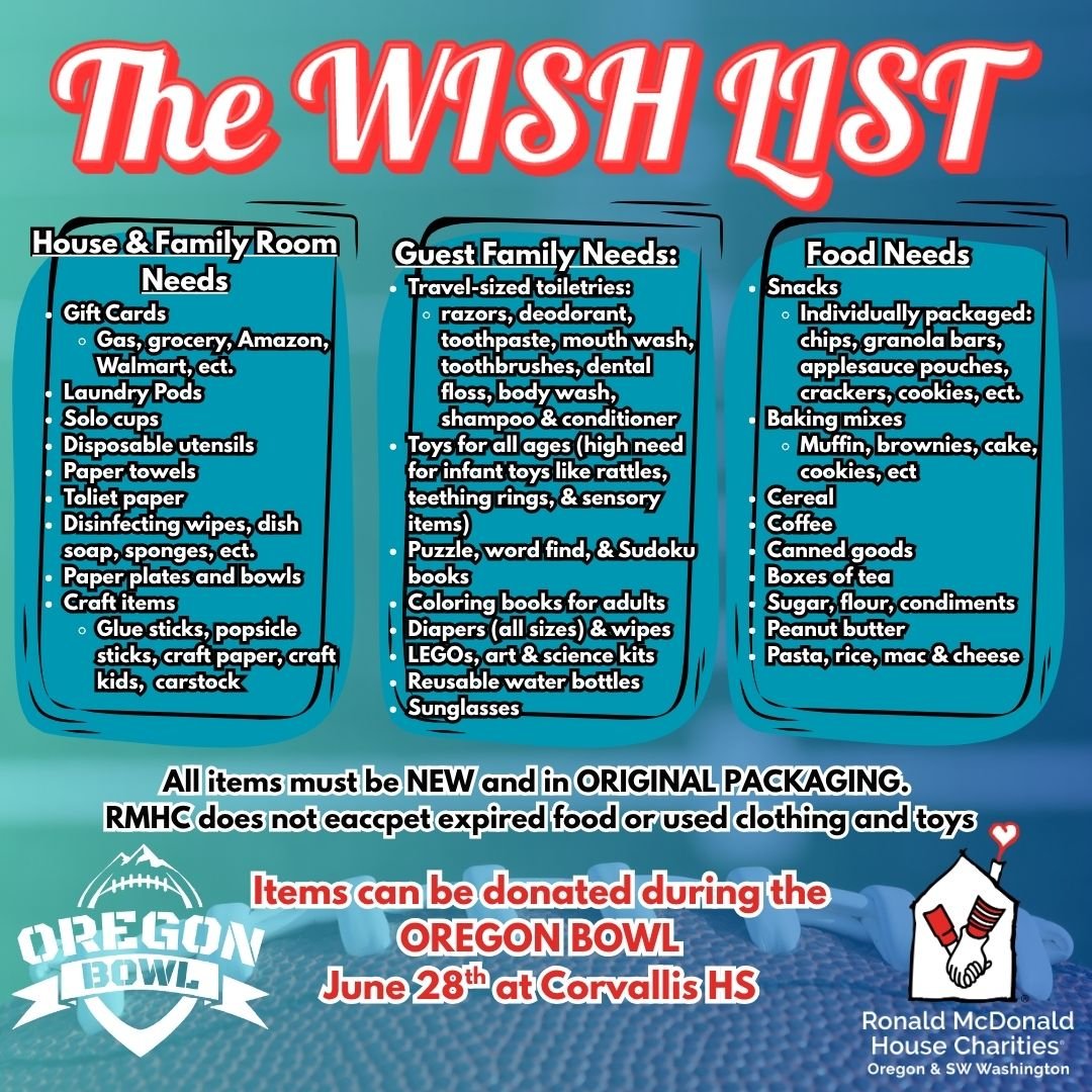 THE WISH LIST!
If you're coming to the #OregonBowl please bring an item that can be donated to the @rmhcoregon ! They will be on hand collecting supplies and cash donations! Lets send them home with a trailer full of supples!
.
See you all June 28th
