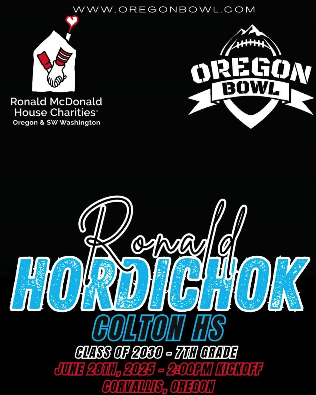 Congratulations RB/WR/DB Ronald Hordichok on being selected for the 2025 7th grade Oregon Bowl!
.
Join us as we celebrate the best athletes in the state June 28th at the Oregon Bowl!
