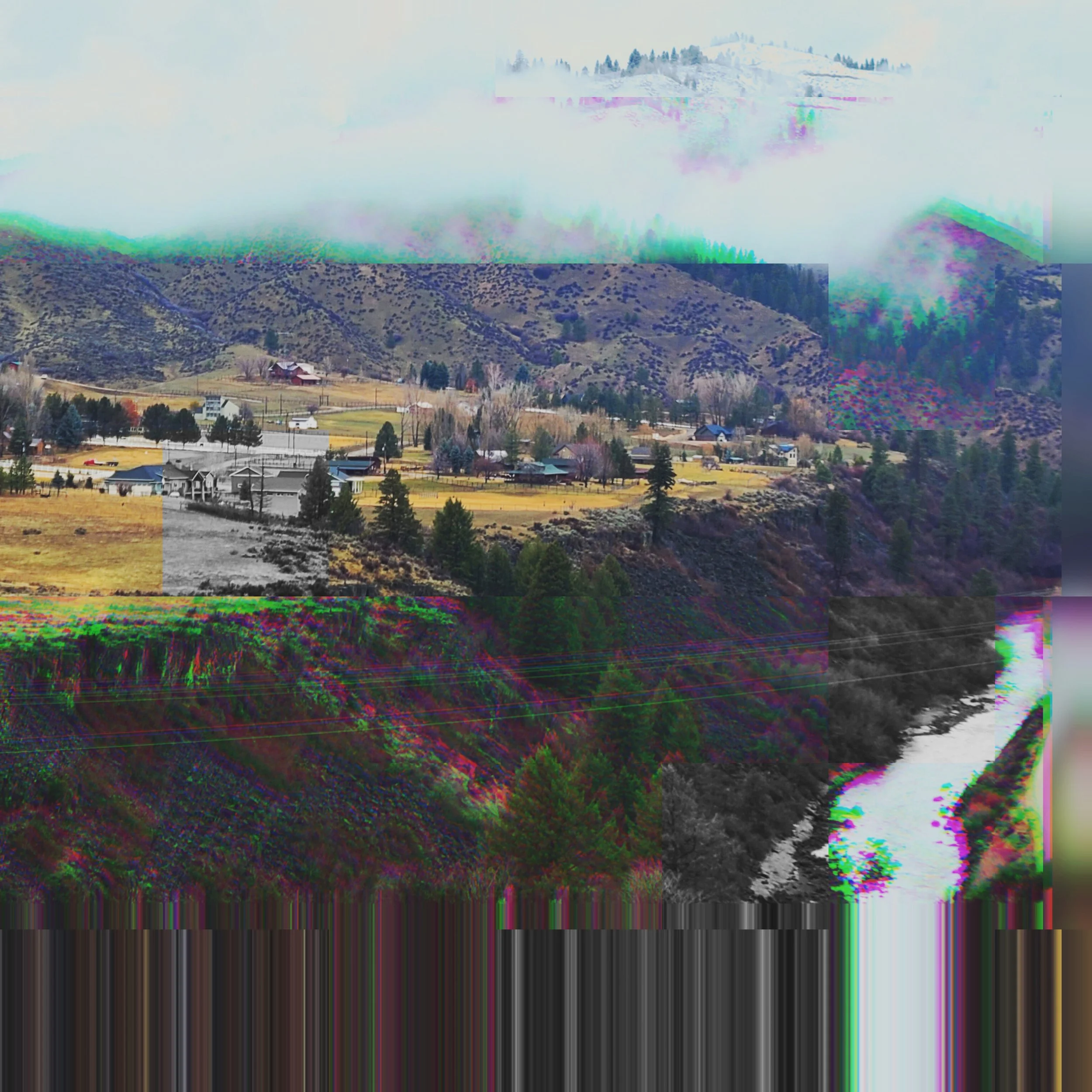 logotrope - Crom Cruaunch album cover (distorted color photo of landscape/buildings/clouds/mountains)