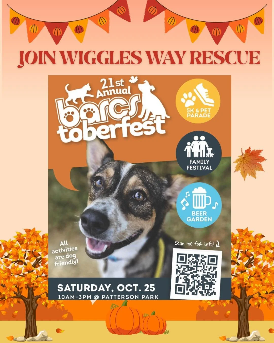 🐾🎉 Join Wiggles Way Rescue at barcstoberfest 2025! 🎉🐾

📍 Patterson Park
🗓 Saturday, Oct. 25 | 10AM&ndash;2PM

It&rsquo;s going to be a paw-some day of fun, friends, and furry faces!
Stop by our booth to:
💙 Meet adorable adoptable pups ready fo