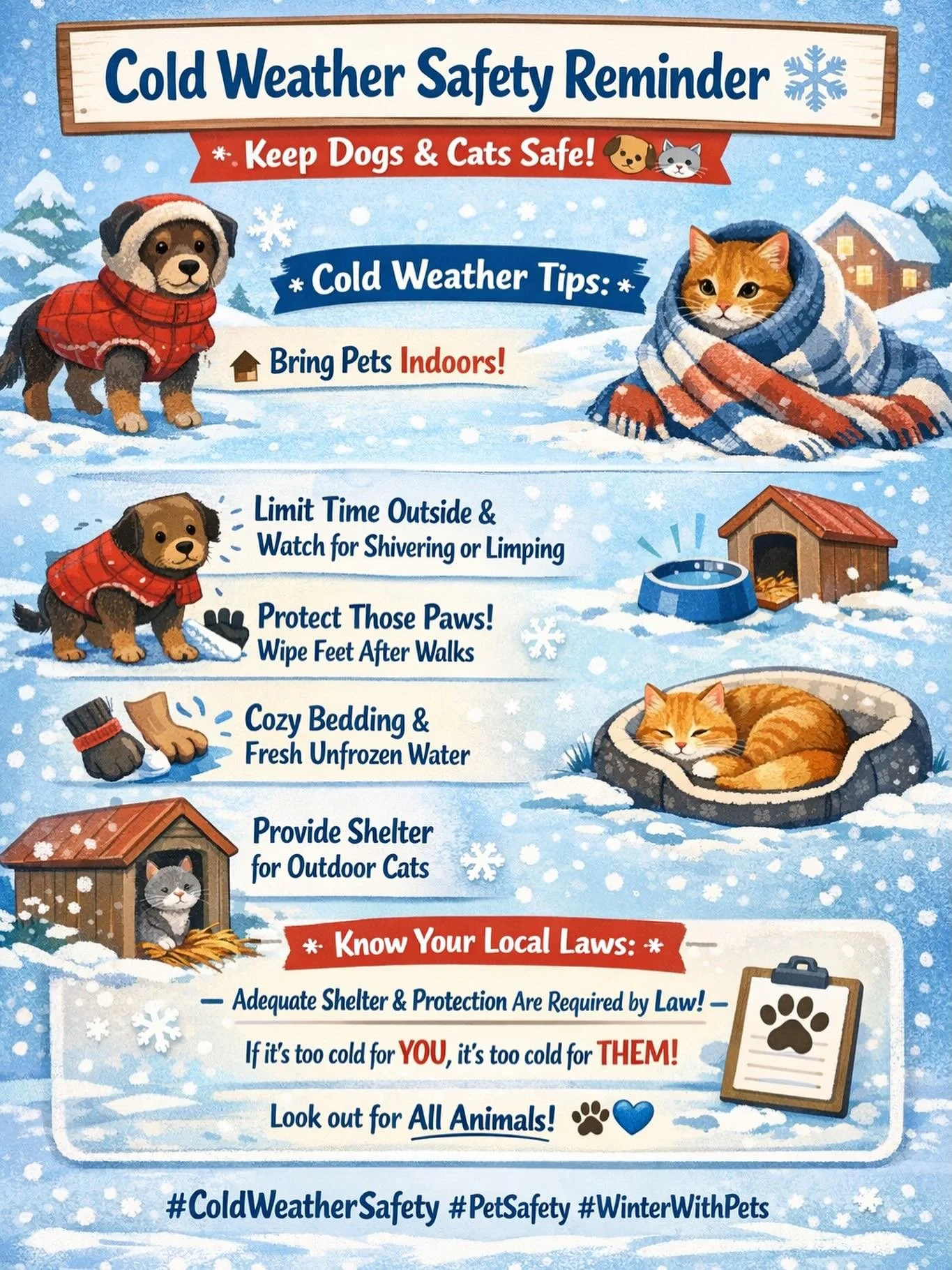 ❄️ Cold Weather Safety Reminder ❄️
When temps drop, our pups and kitties need a little extra care to stay safe and comfy 🐶🐱🩵

✨ Cold weather basics for dogs &amp; cats:
&bull; Bring pets indoors &mdash; especially seniors, short-haired, and medica
